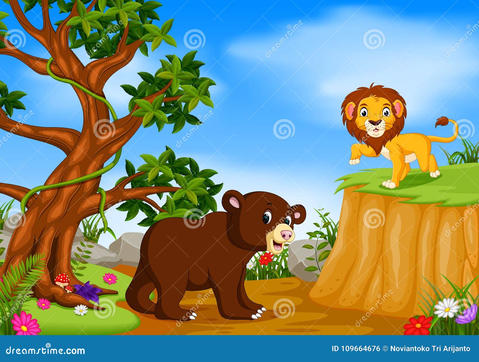 Bear and Lion with Mountain Cliff Scene Stock Vector Illustration of