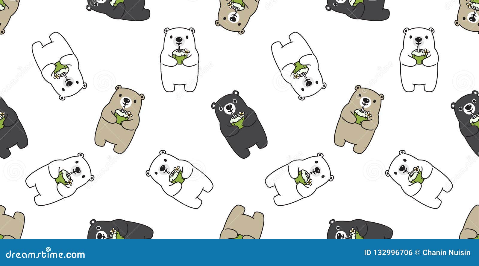 bear seamless pattern  polar bear coconut water juice summer beach scarf  cartoon  tile background repea
