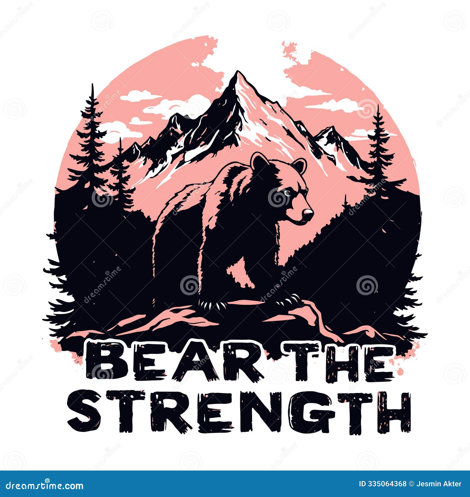 a bear standing strong against a backdrop of towering mountains and pine trees, with the inspiring message bear the strength