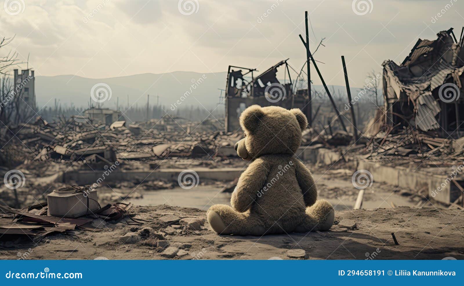 a bear toy as it stands amid the ruins and wreckage of conflict, drawing attention to the universal need for peace.