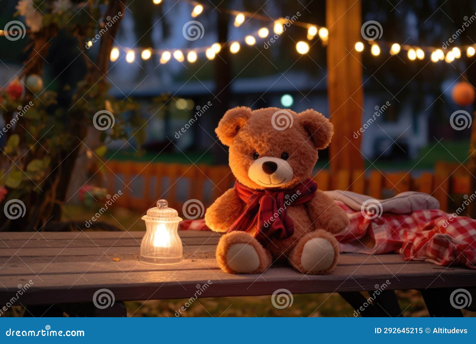 Bear Toy Sitting on a Picnic Table with Park Lights Behind Stock Image