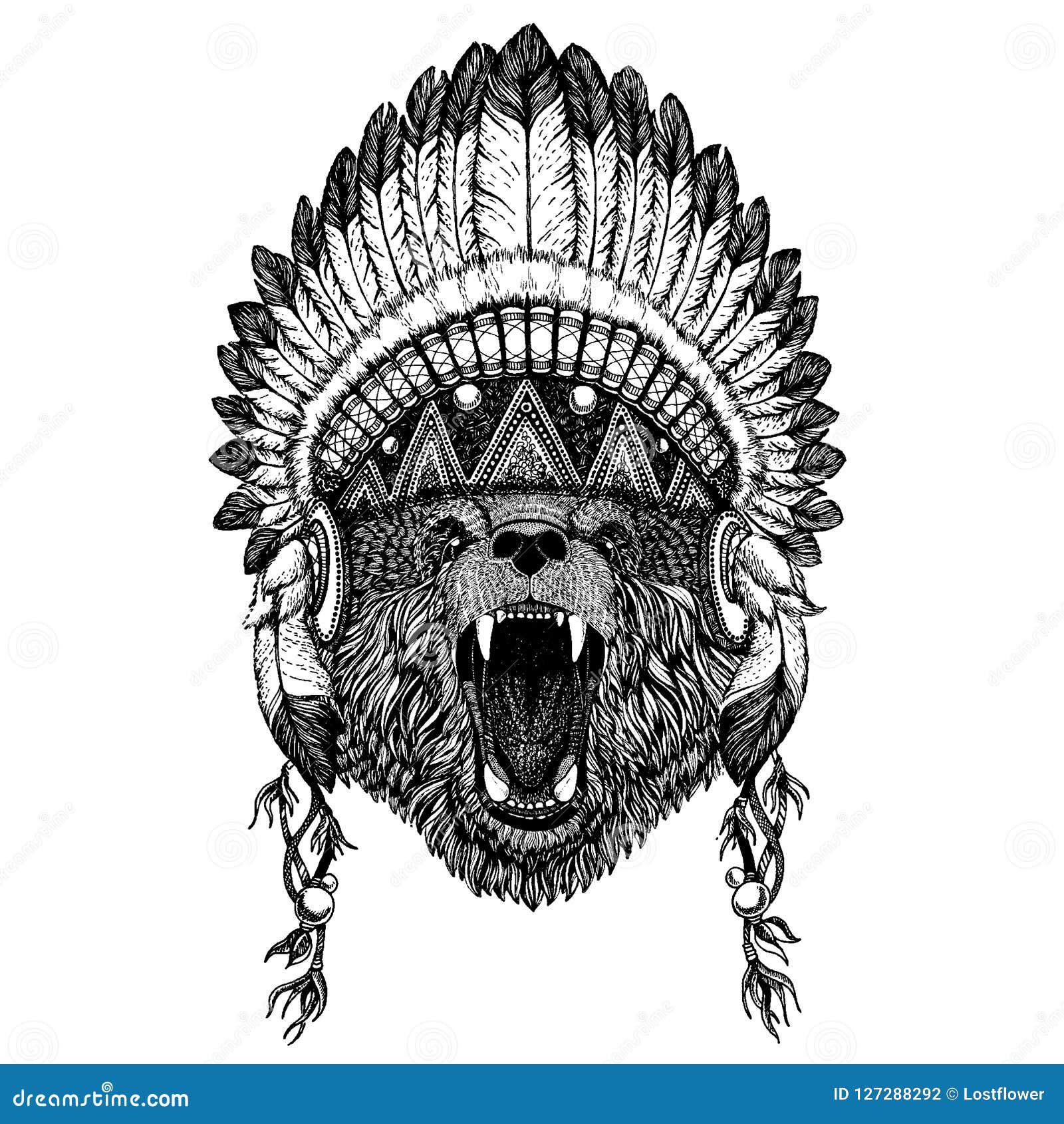 Bear Wild Animal Wearing Inidan Headdress with Feathers. Boho Chic ...