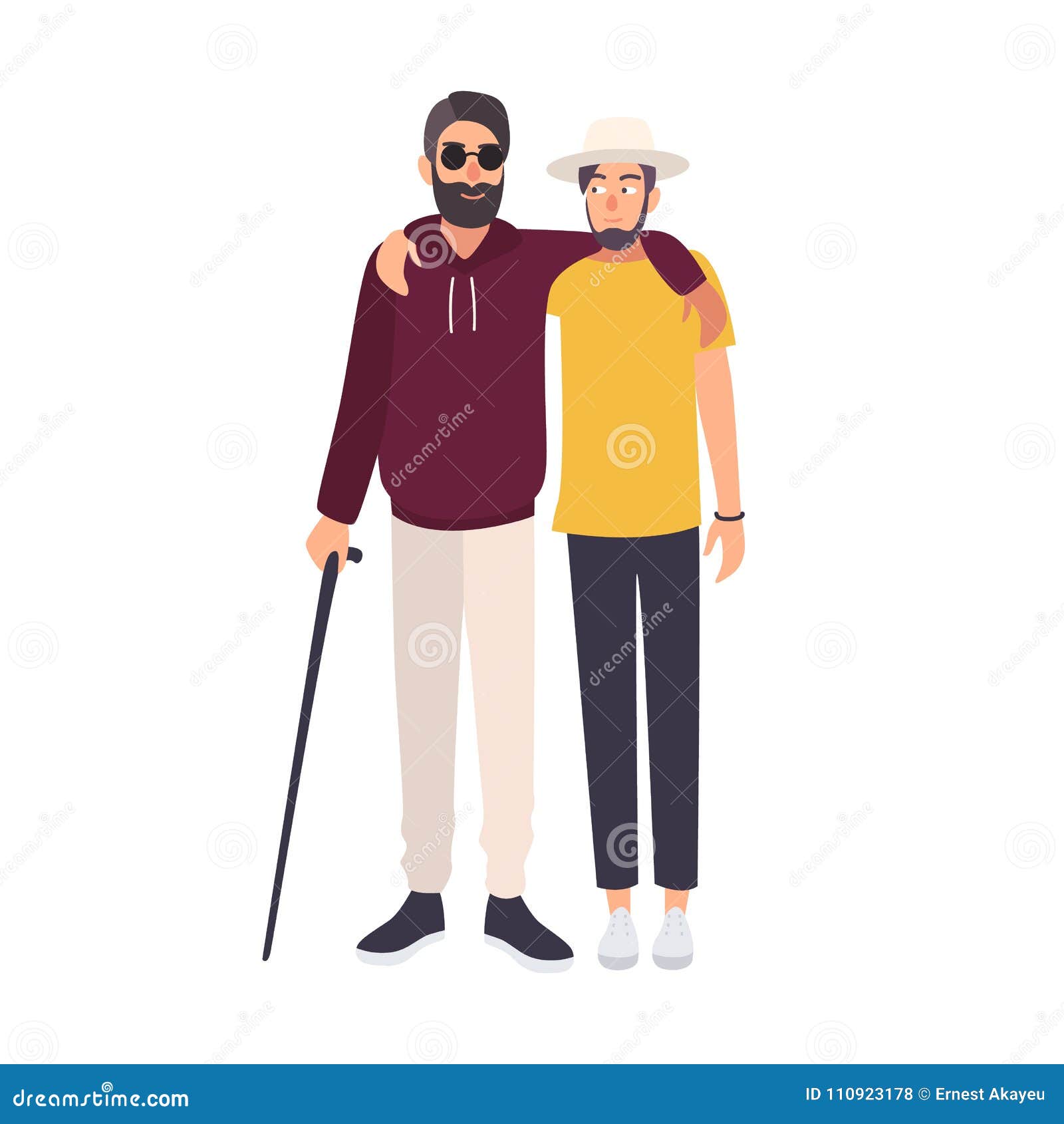 bearded blind man with sunglasses and cane standing and embracing with his friend. male character with blindness, visual
