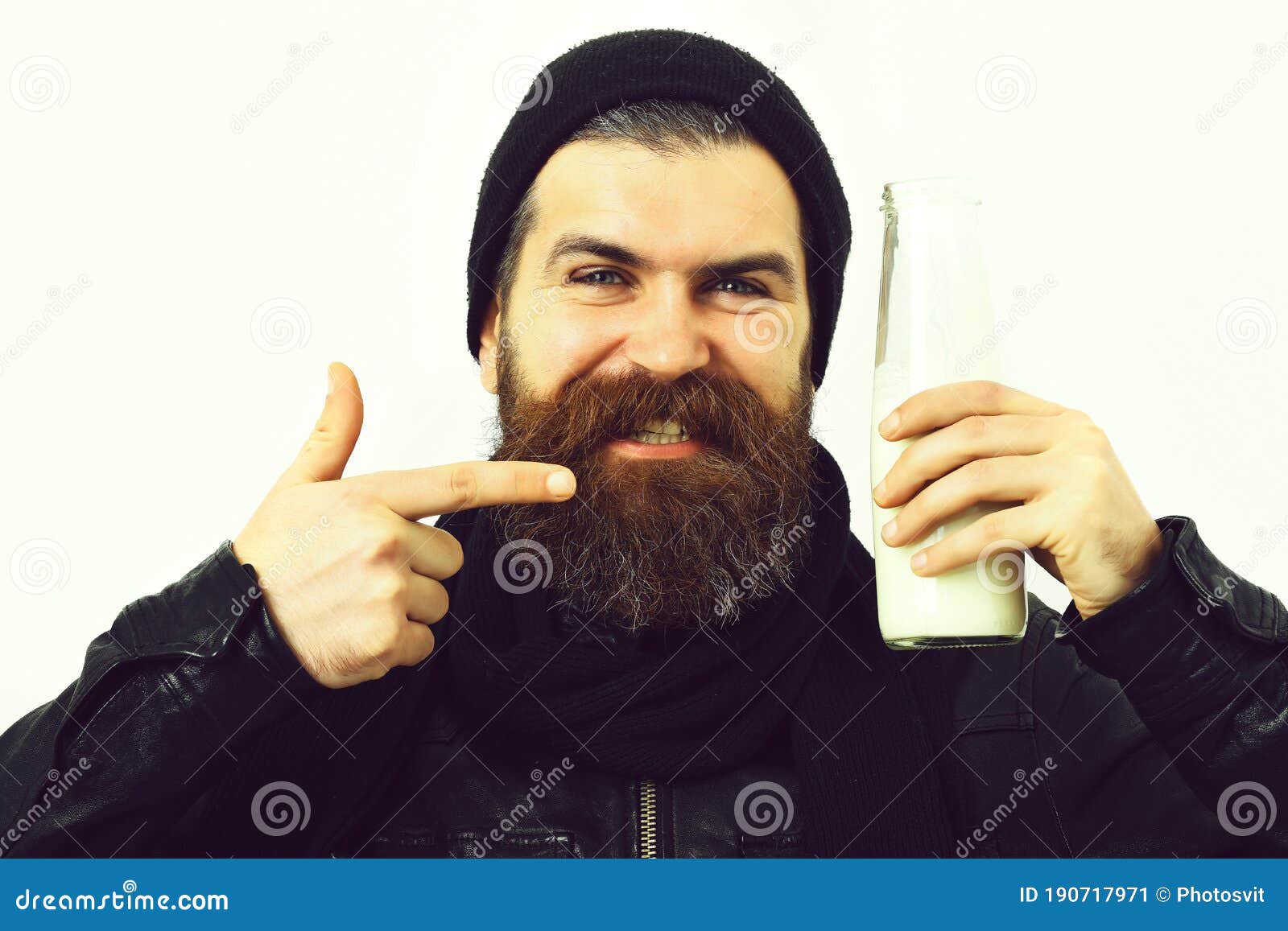 Bearded Brutal Caucasian Hipster Holding Glass Jar of Milk Stock Image ...