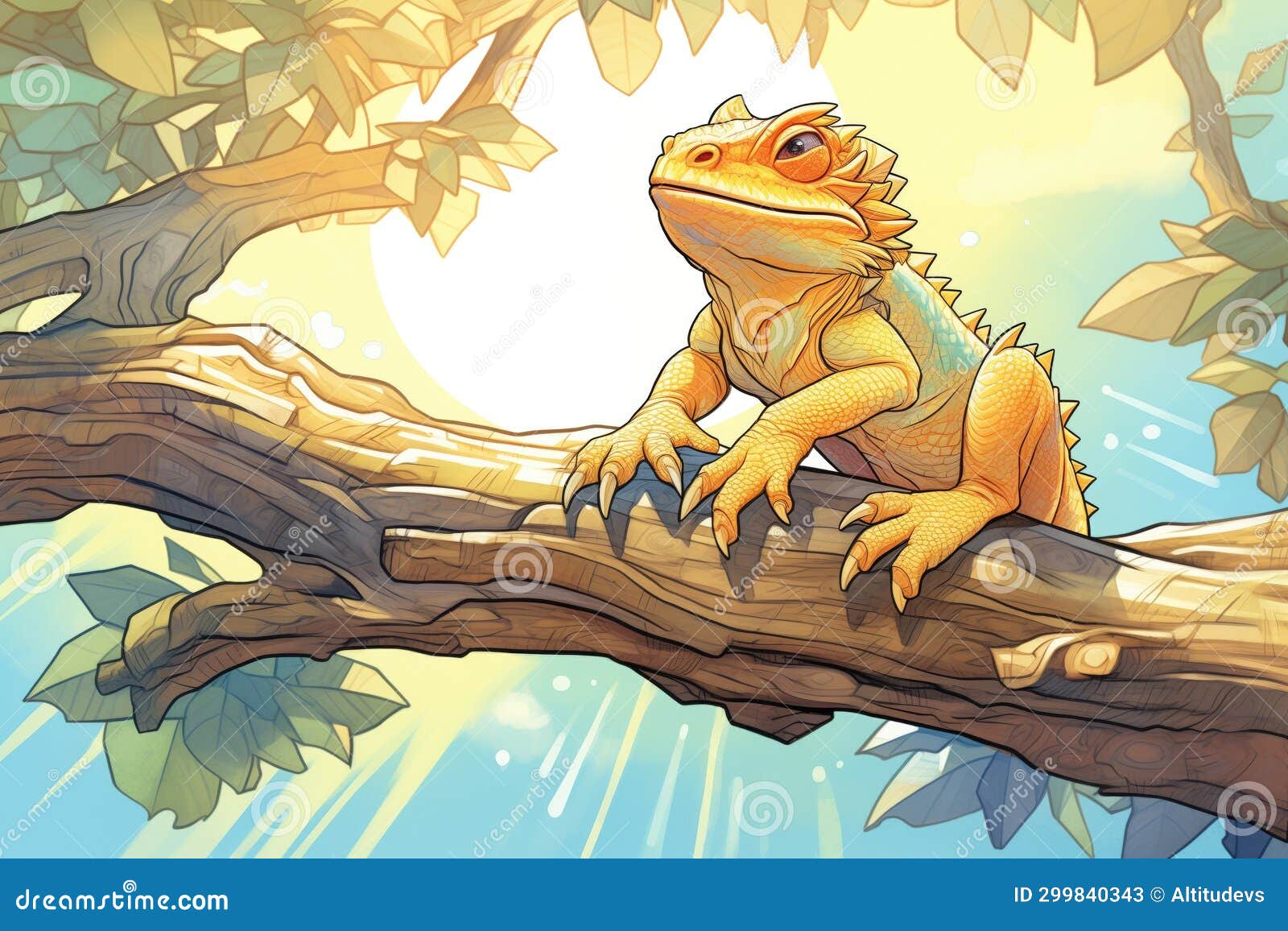 Bearded Dragon Resting on Tree Branch with Sun Rays Stock Image Image