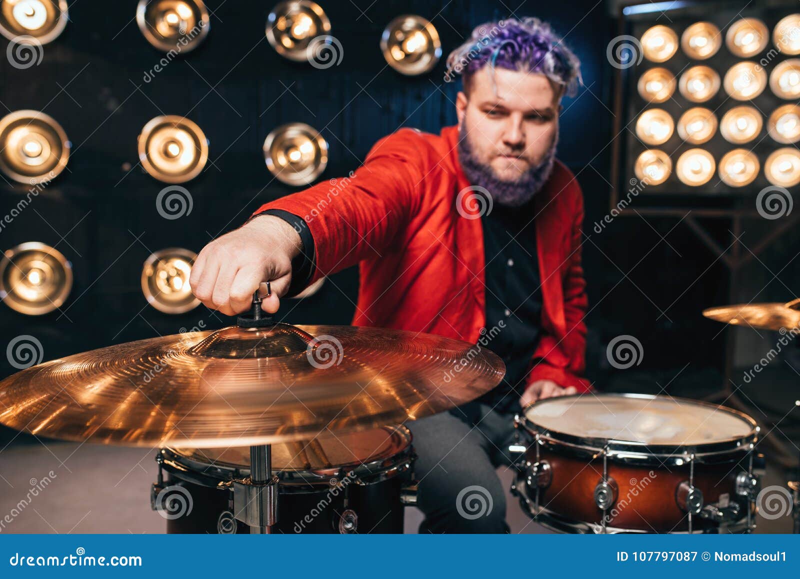 Bearded Drummer in Red Suit on the Stage Stock Image - Image of ...