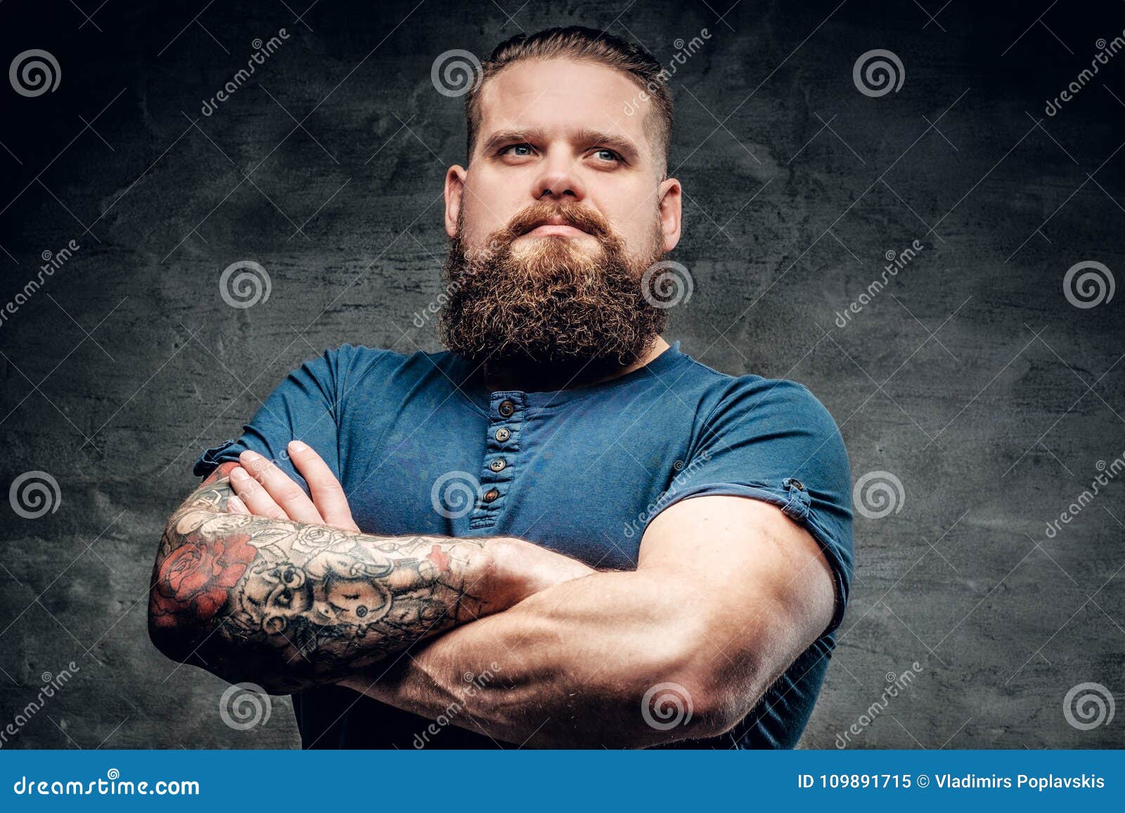 Bearded Fat Male with Tattoo on Arms. Stock Image - Image of