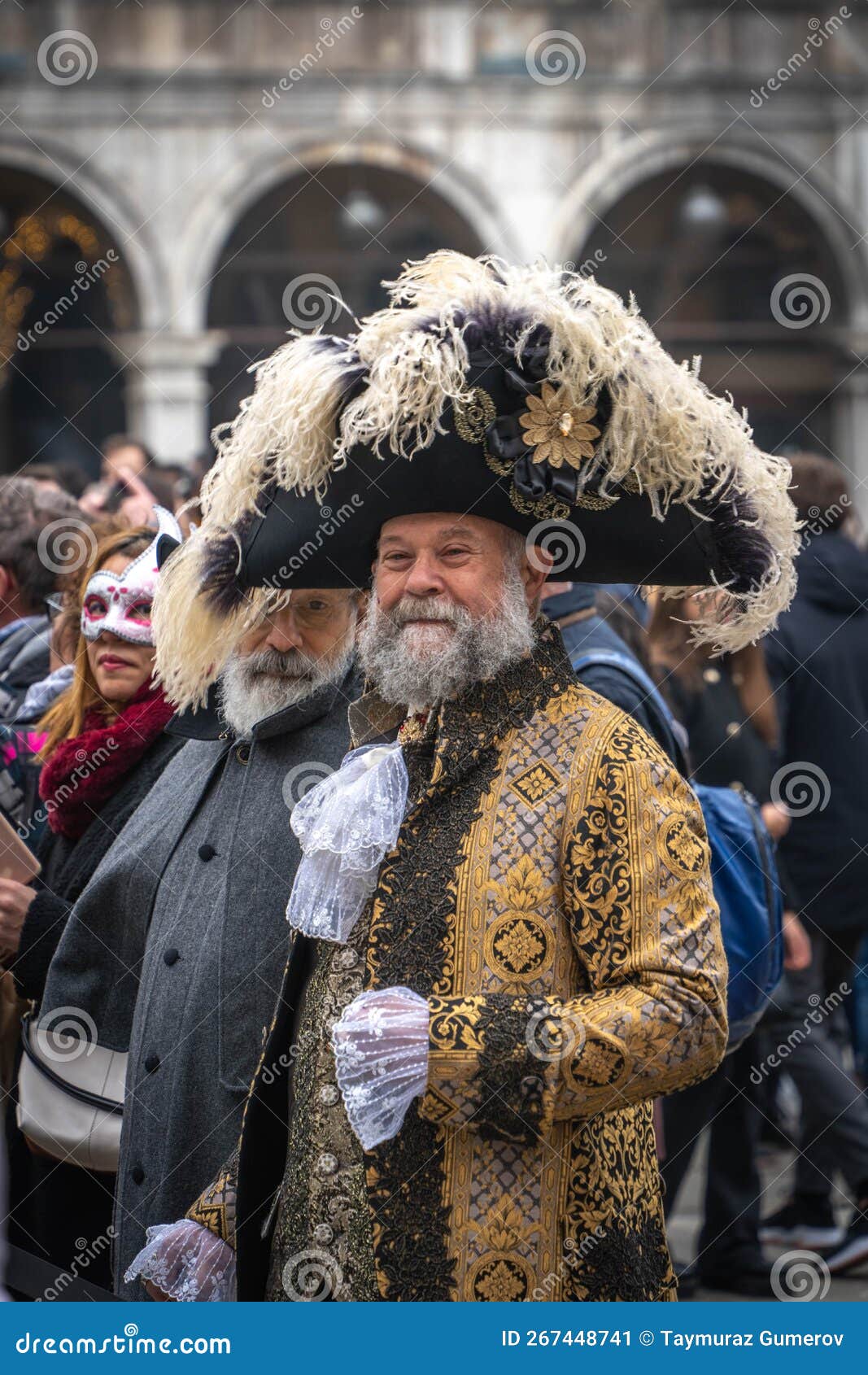 Bearded Gray-haired Senior Man in a Big Carnival Tricorn Hat and ...