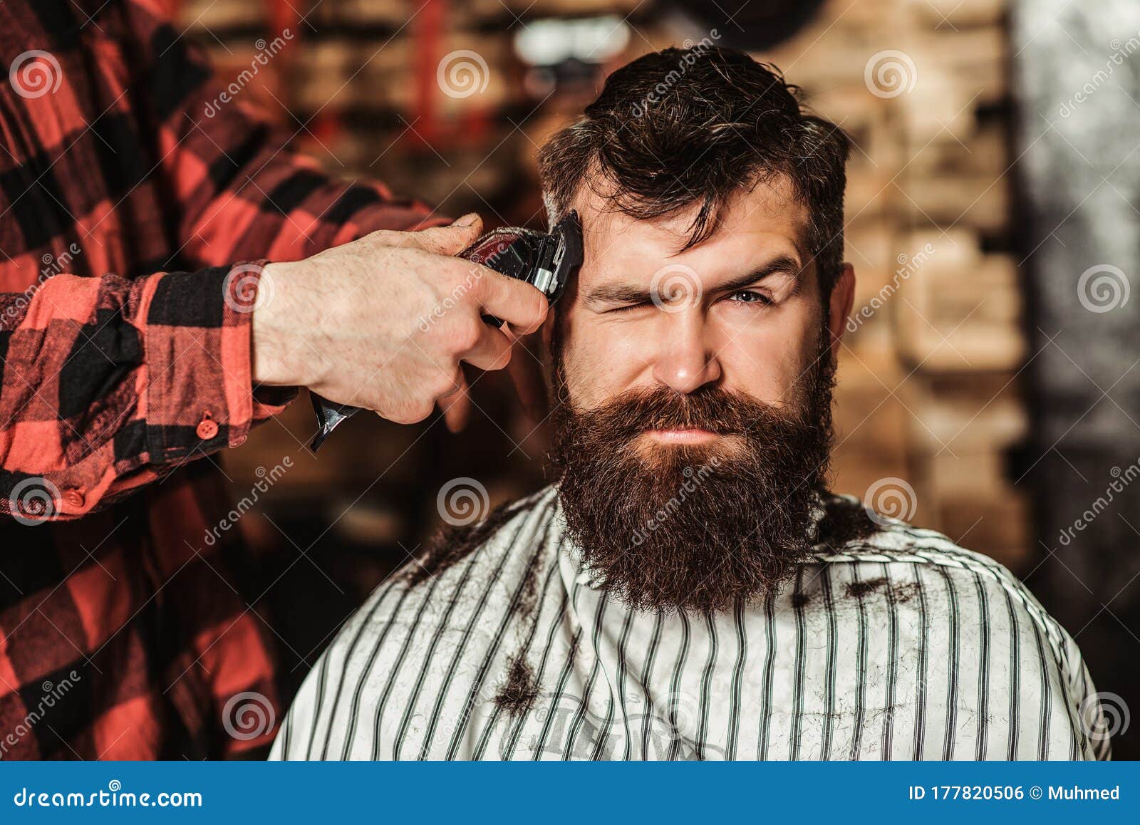 Bearded Handsome Man Visiting Hairstylist. Barber Shop. Barber Shearing ...