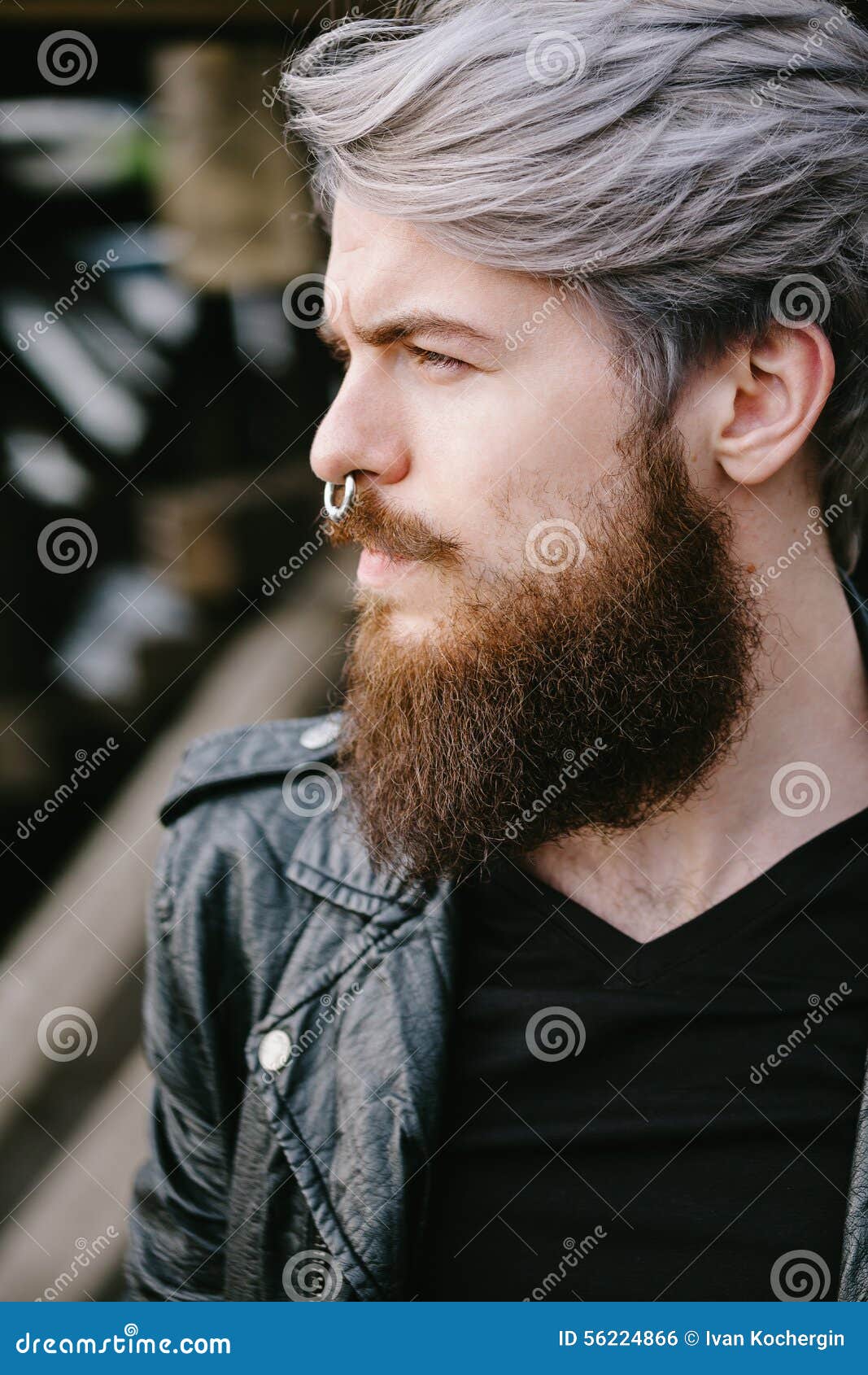 Bearded Hipster with Nose Ring in Leather Jacket Stock Photo - Image of ...