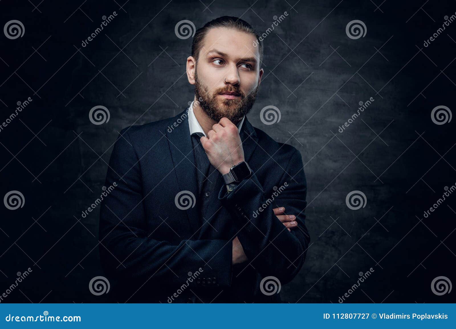 Bearded Male Dressed in a Blue Jacket Over Grey Vignette Background ...