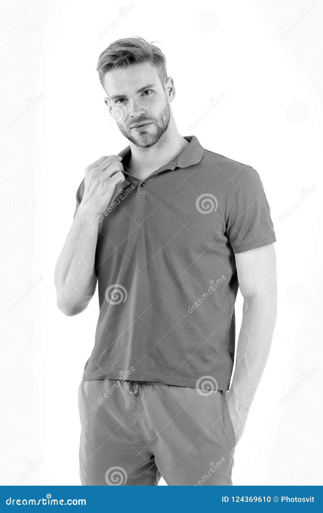 Bearded Man in Blue Casual Clothes Isolated on White. Man in Tshirt and ...