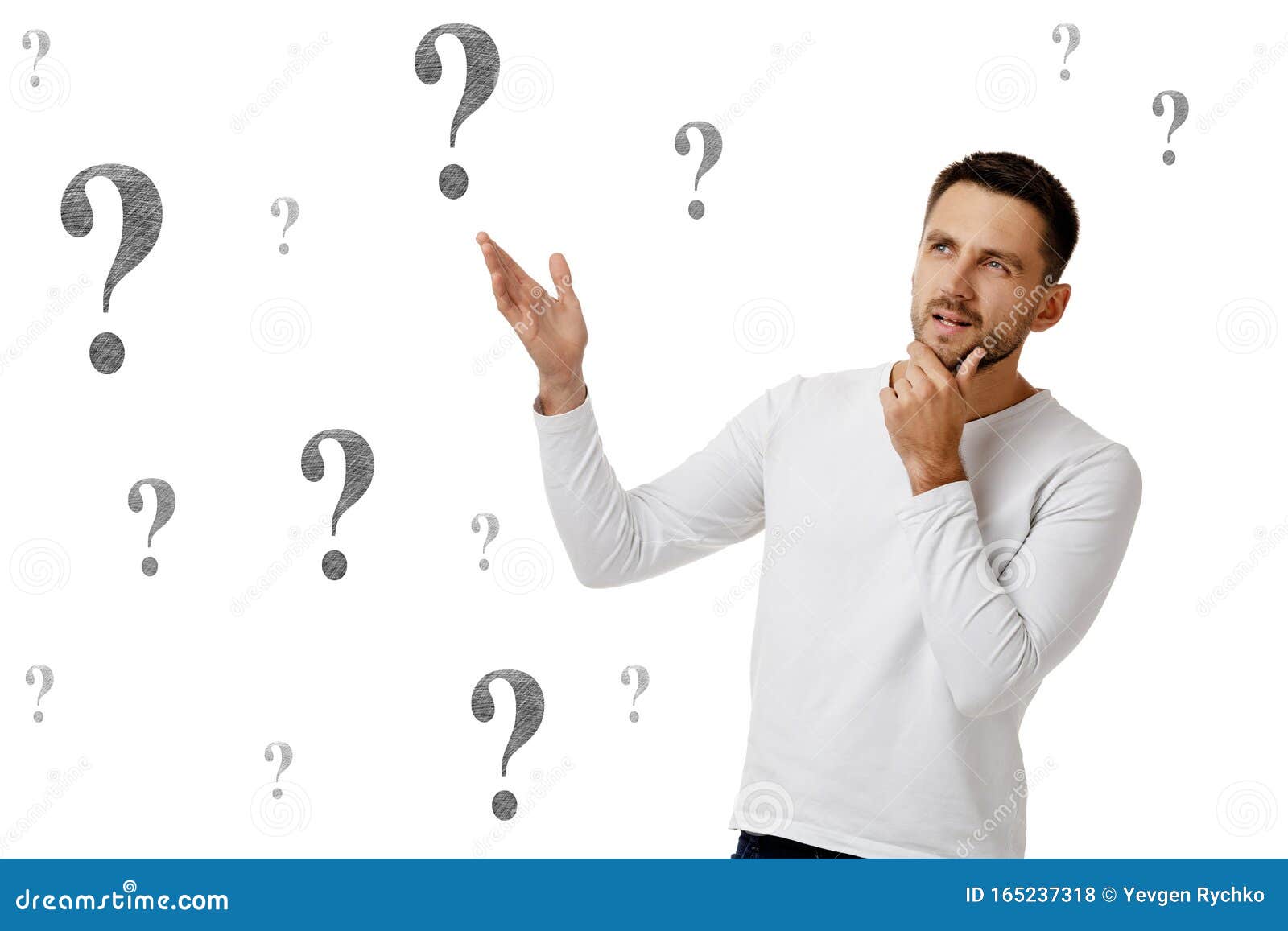 Bearded Man In Casual White Shirt Asking Questions Stock Photo Image