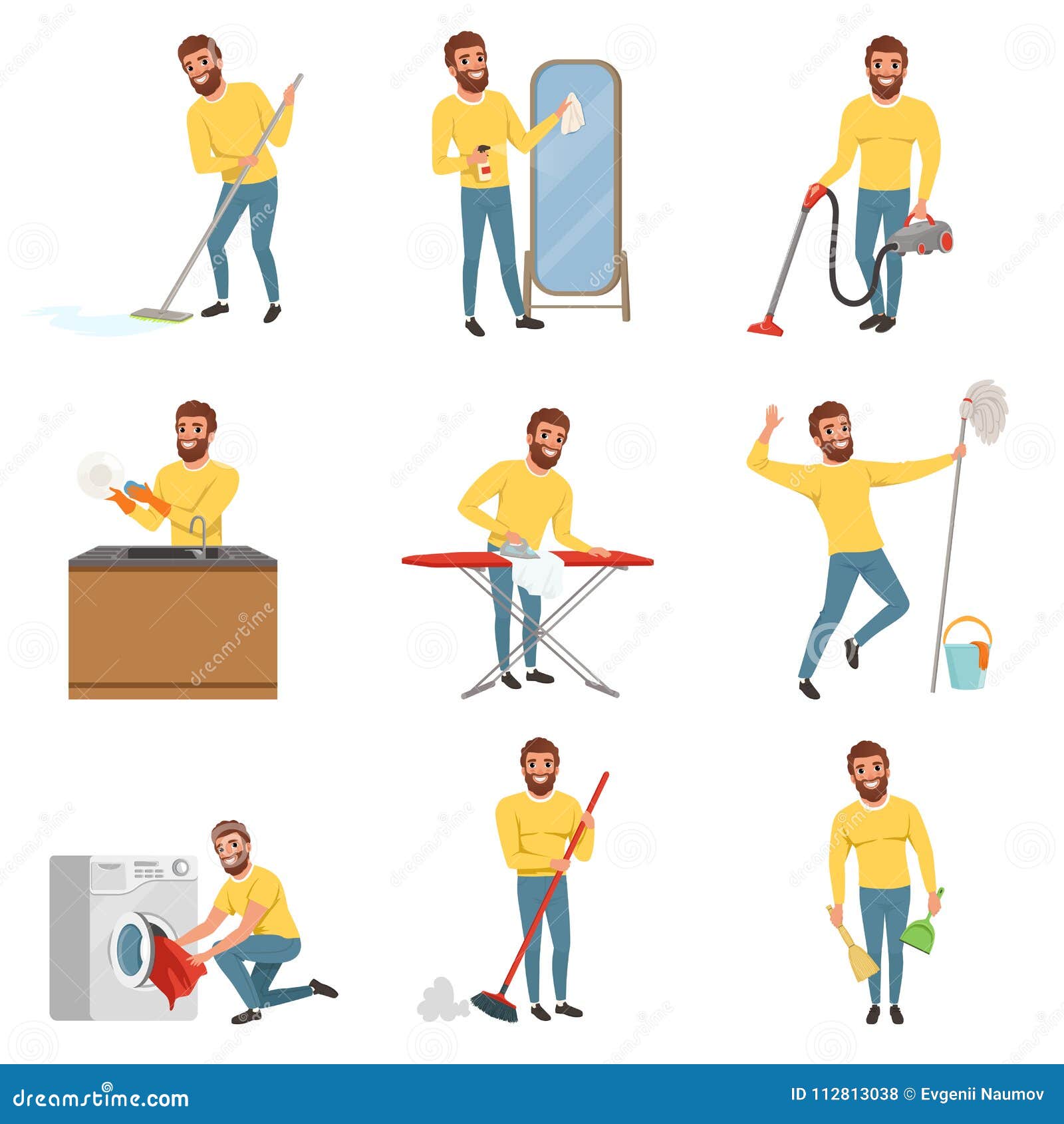 bearded man with different household chores. cleaning floor with mop and vacuum cleaner, washing dishes, ironing clothes