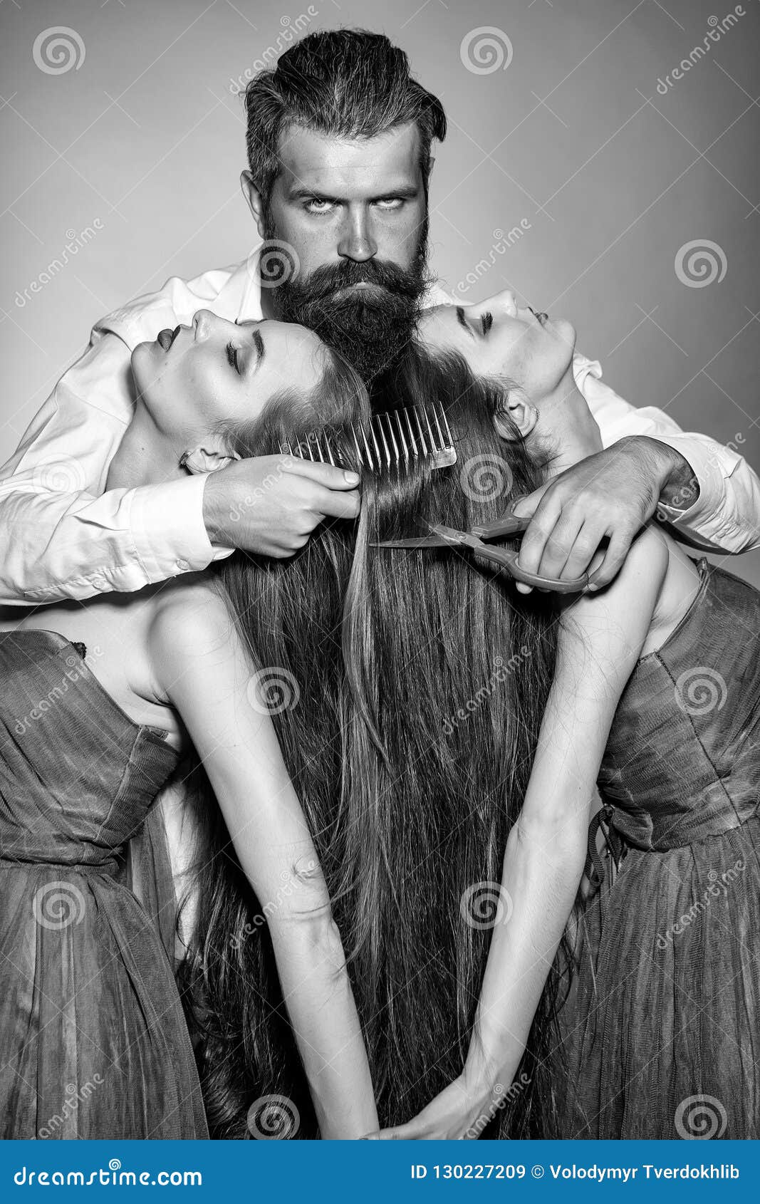 Bearded Man Hairdresser and Two Women Stock Image - Image of beard ...