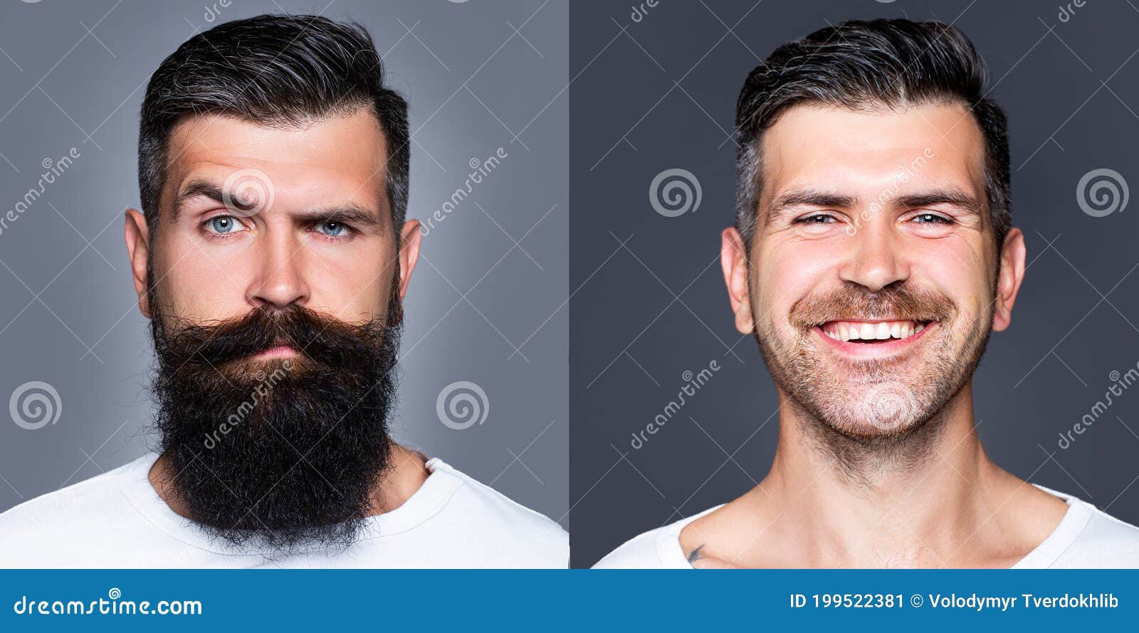 Bearded Man with Long Beard and Mustache or Handsome Hipster in Barbershop.  Shaved Vs Unshaven Barber Hair Salon Stock Image - Image of hair,  moustache: 199522381