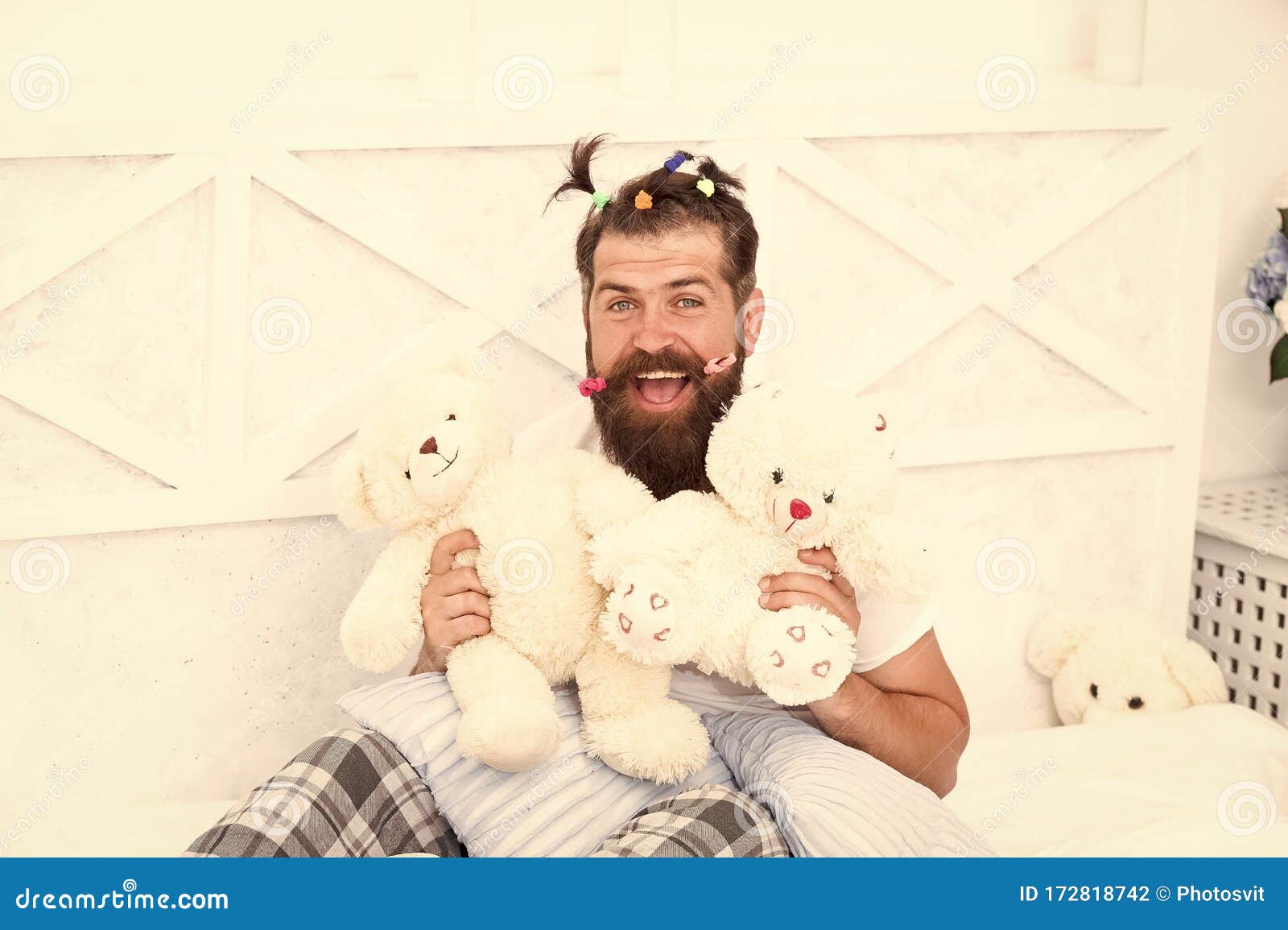 Bearded Man Play with Bear Toy. Happy Dad Relaxing Bedroom. Father with  Funny Hairstyle Stock Photo - Image of happy, happiness: 172818742