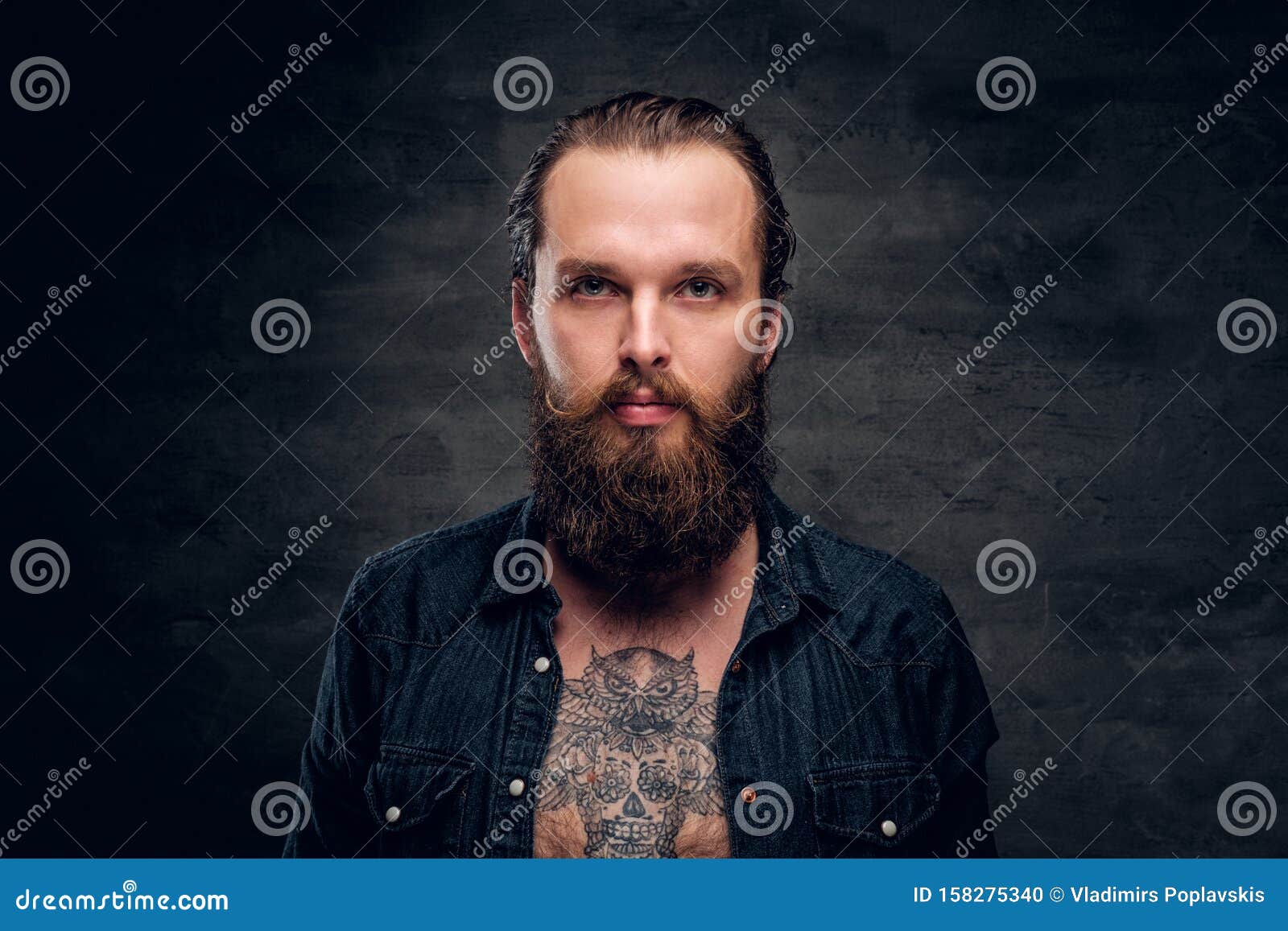 Bearded Man is Posing for Photographer at Dark Photo Studio. Stock ...