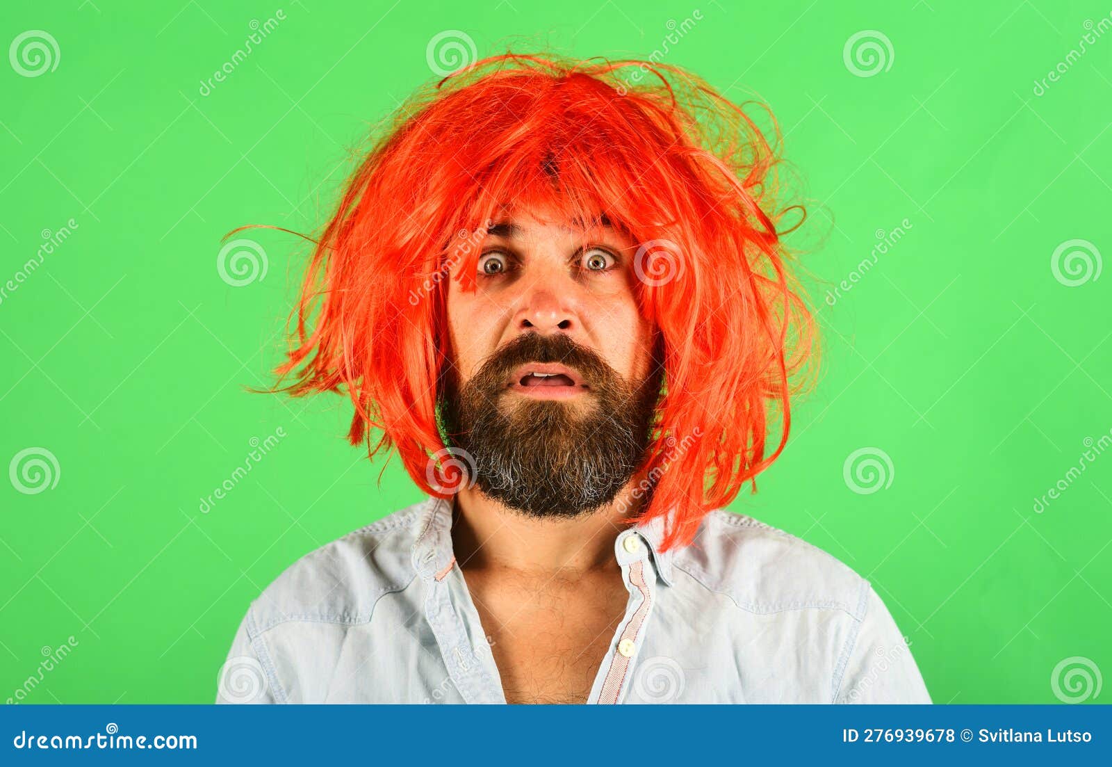 Bearded Man in Red Wig. Surprised Man with Beard and Mustache in Red ...