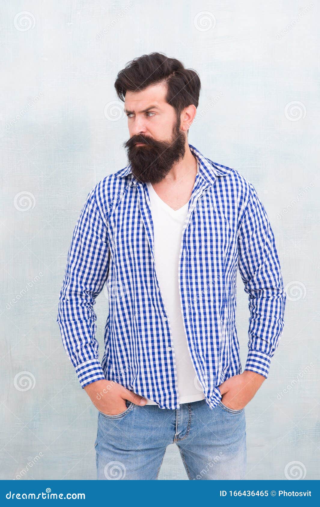 Bearded Man Seriously Tuned. Denim Look. Male Casual Fashion Style ...