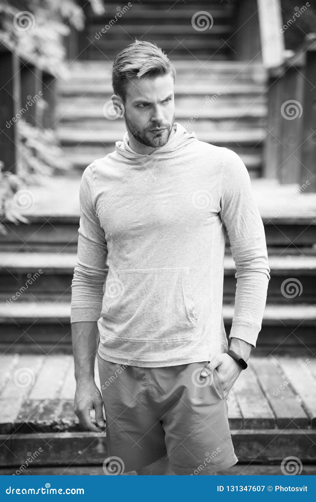 Bearded Man Stand at Stairs Outdoor. Confident Sportsman in Casual ...