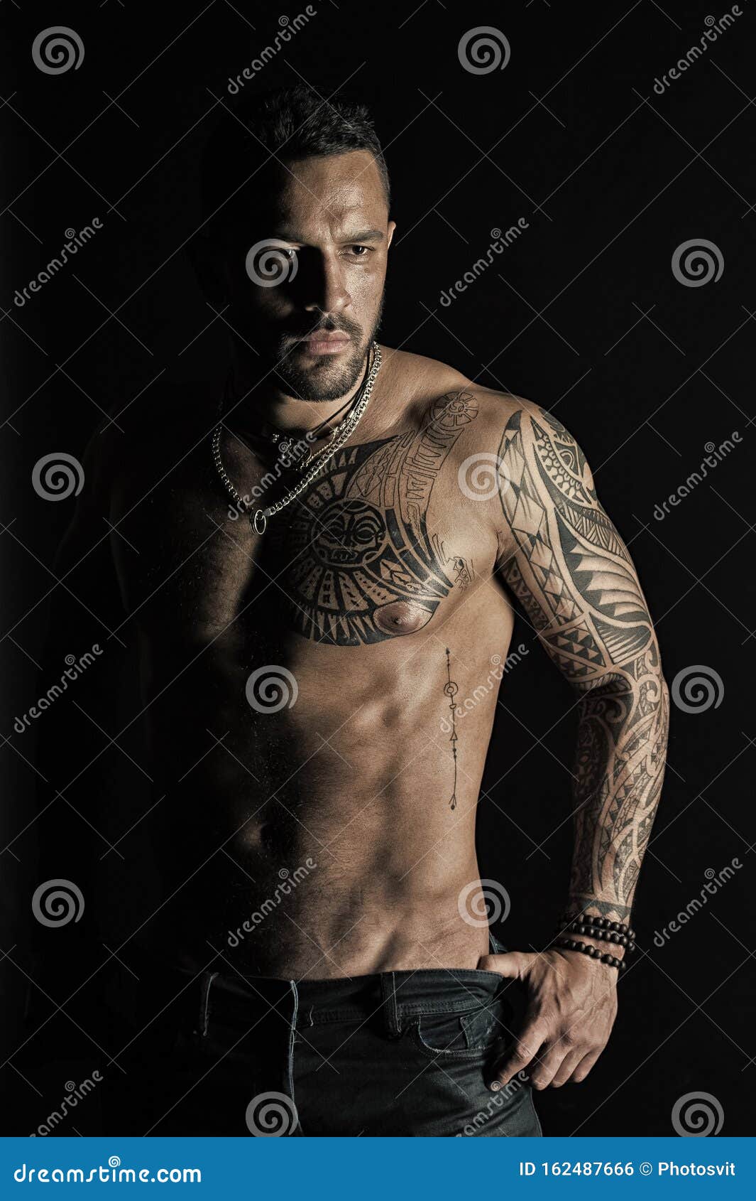 Bearded Man with Strong Torso. Man with Tattooed Arm and Chest. Tattoo Model  with Belly Stock Photo - Image of macho, muscle: 162487666