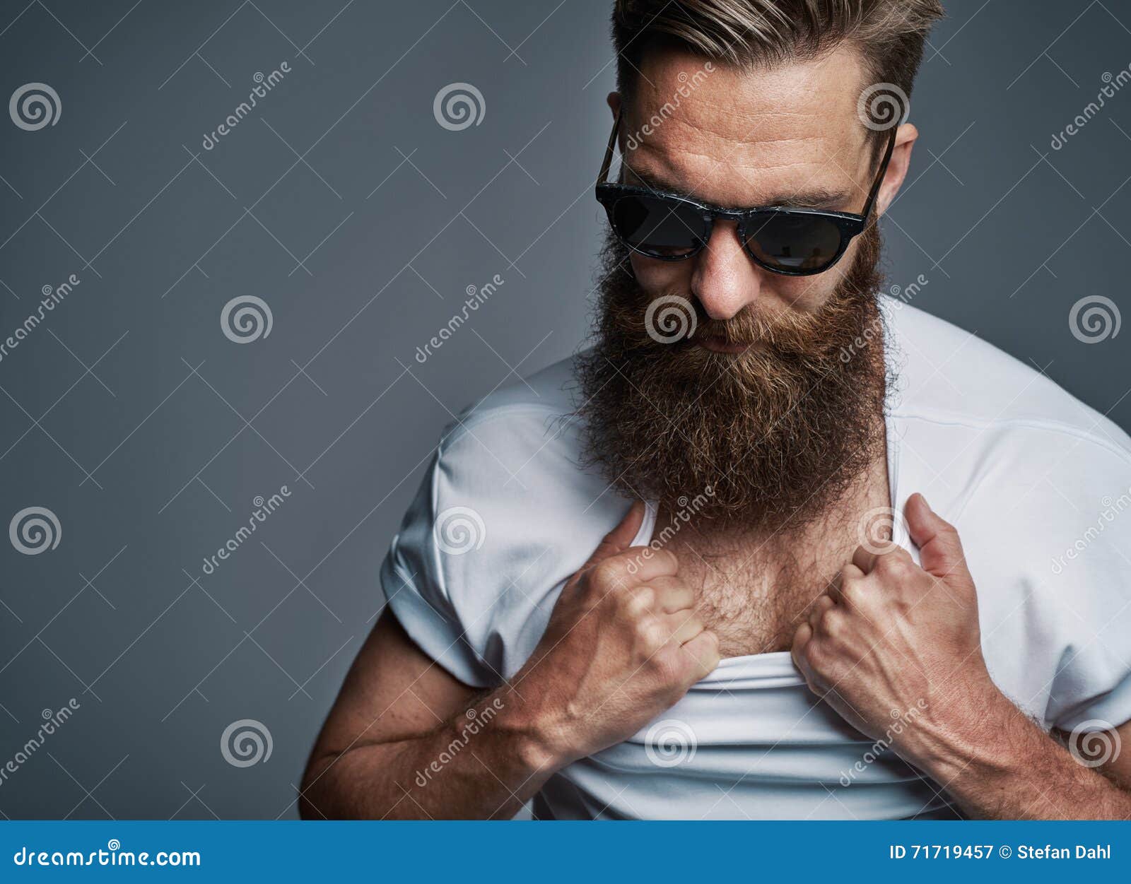 Bearded Man in Sunglasses Showing Chest Hair Stock Image - Image of  handsome, hair: 71719457