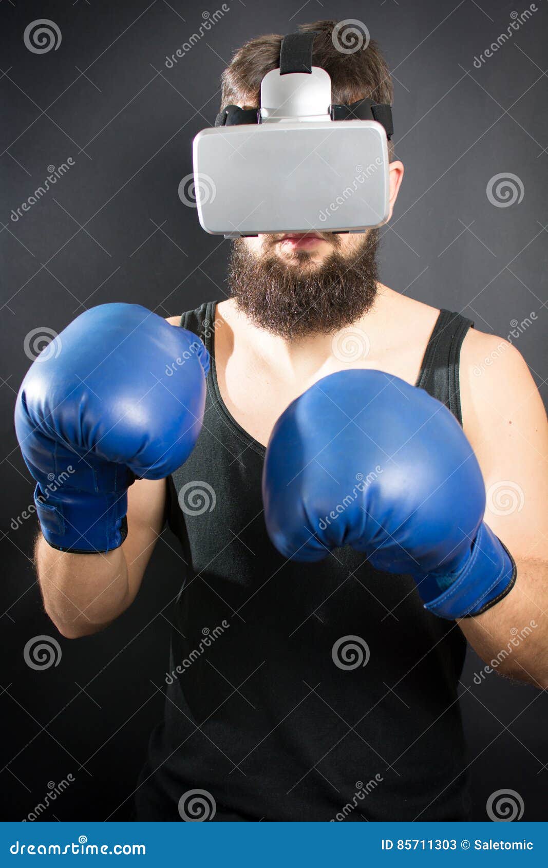 Bearded Man with VR Glasses in Boxing Guard Stock Image Image of