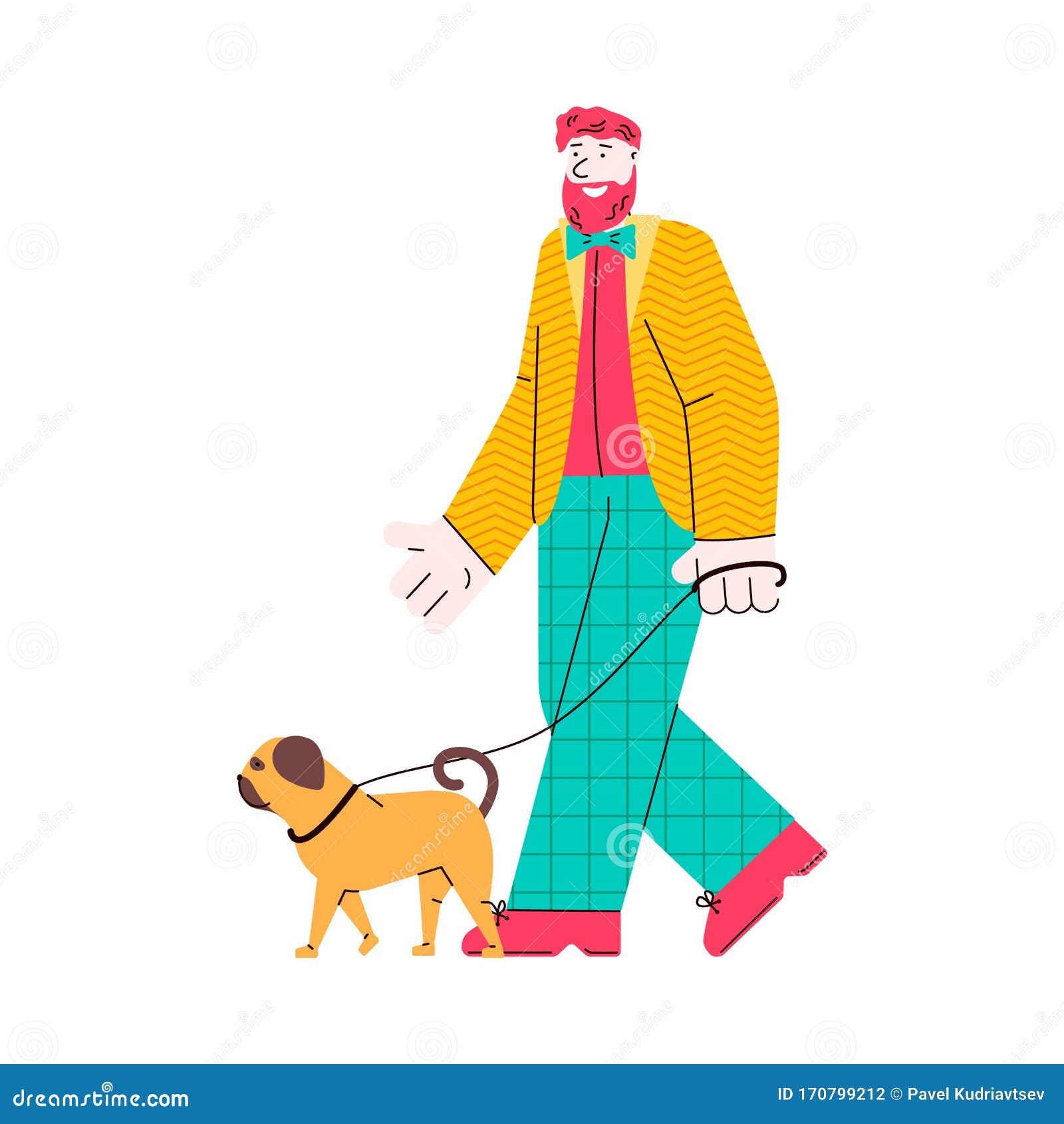 Bearded Man Walking a Dog - Flat Cartoon Characters Vector Illustration  Isolated. Stock Vector - Illustration of brown, happy: 170799212