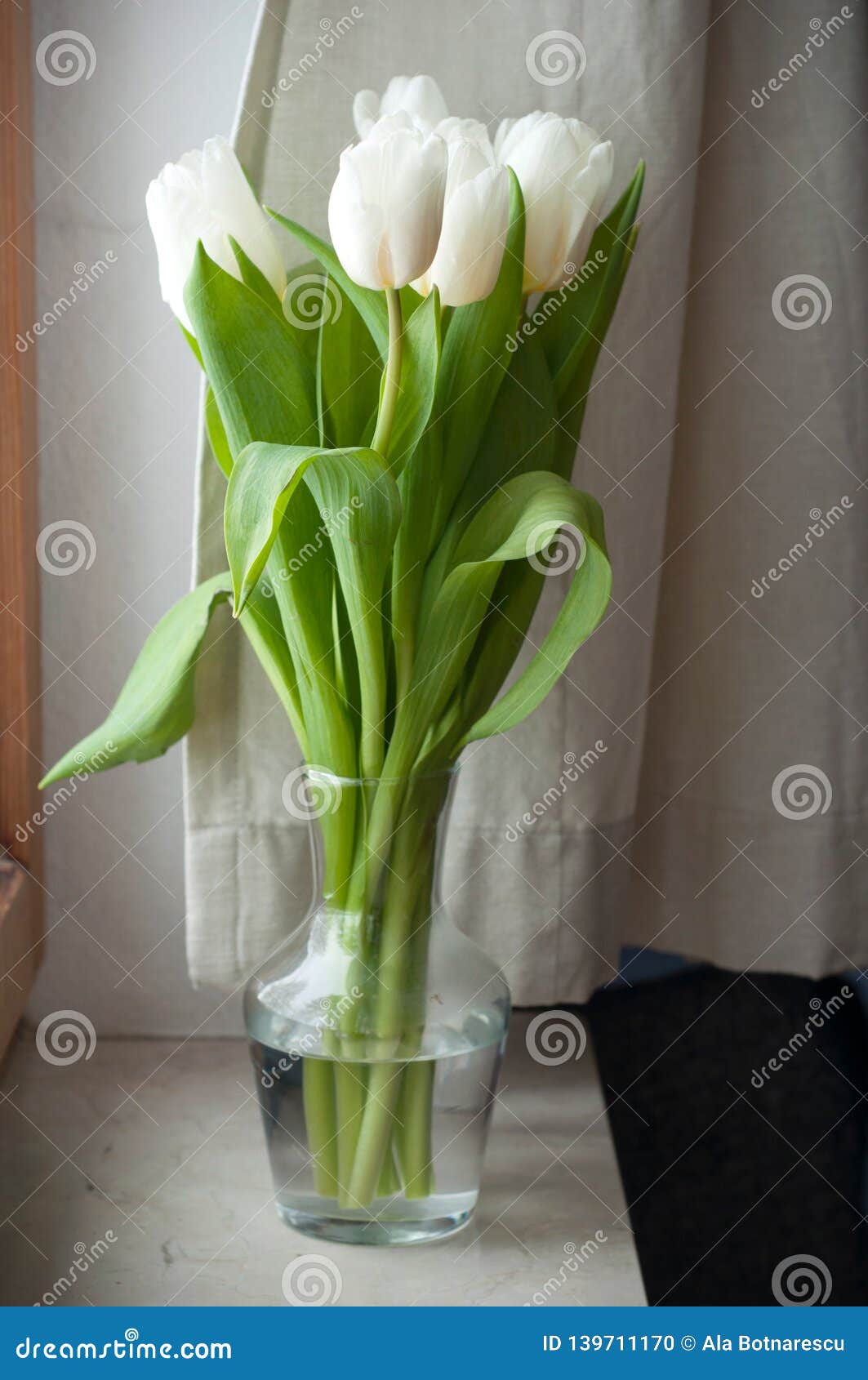 Beau Bouquet Des Tulipes Blanches Dans Un Vase En Verre à Côté De La  Fenêtre Photo stock - Image du groupe, festif: 139711170