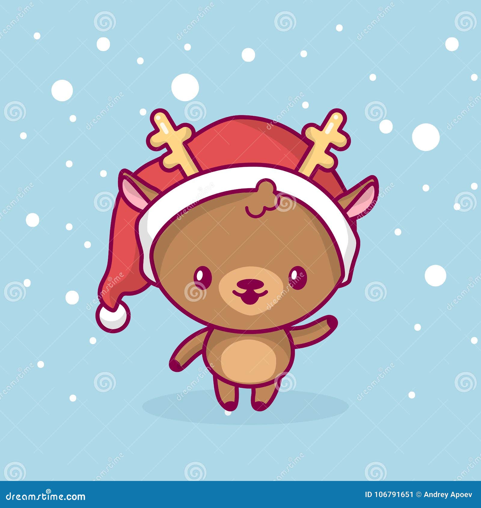 Beau Chibi Mignon De Kawaii Le Cerf Commun Est Tenant Et Ondulant Sa Main Sous La Neige An Neuf Heureux De Noel Joyeux Illustration De Vecteur Illustration Du Chibi Beau 106791651