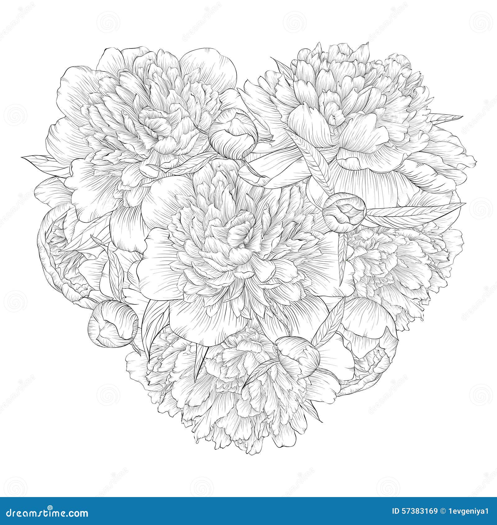 Beau Coeur Noir Et Blanc Monochrome Decore Par La Pivoine De Fleurs Je T Aime Illustration De Vecteur Illustration Du Beau Fleurs