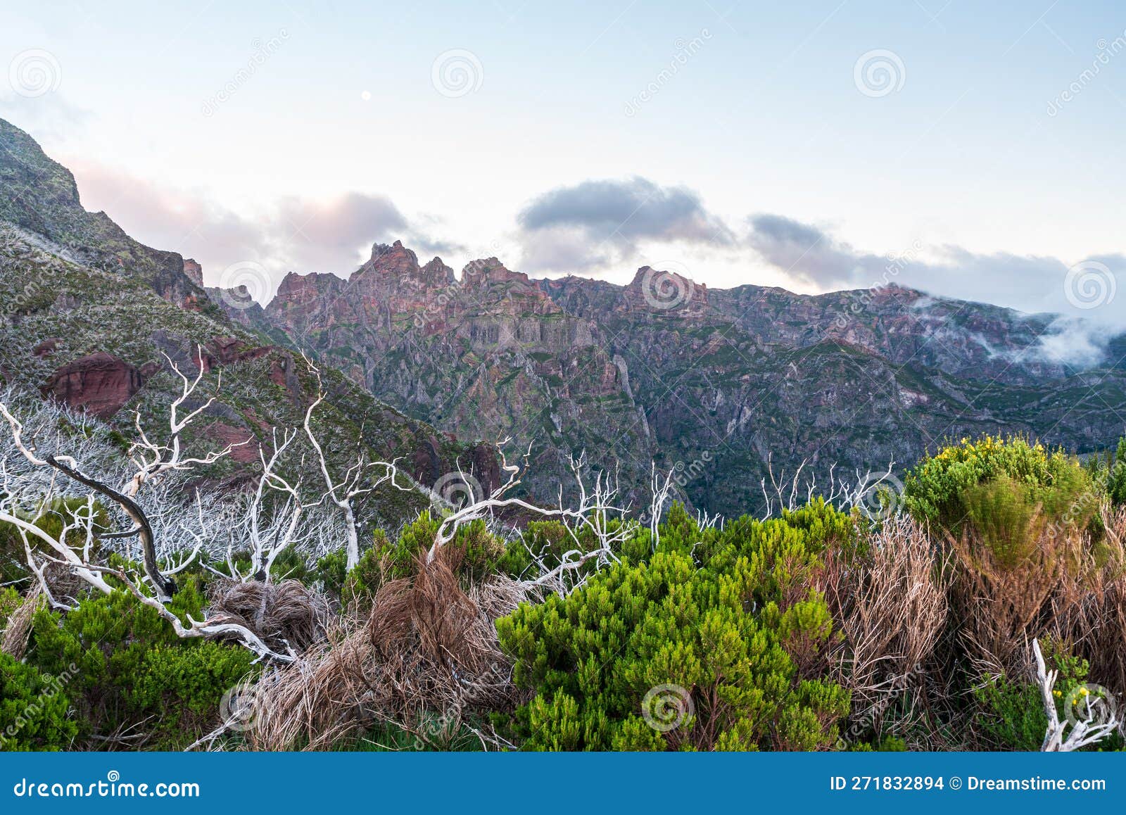 beauiful mountains of madeira - pico das torres, pico do areeiro and pico do cedro hill during evening