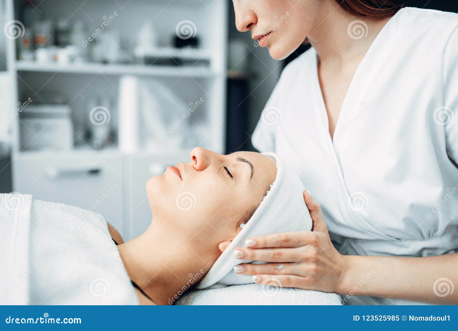 Beautician Makes Face Massage To Female Patient Stock Image Image Of Dermatology Girl 123525985
