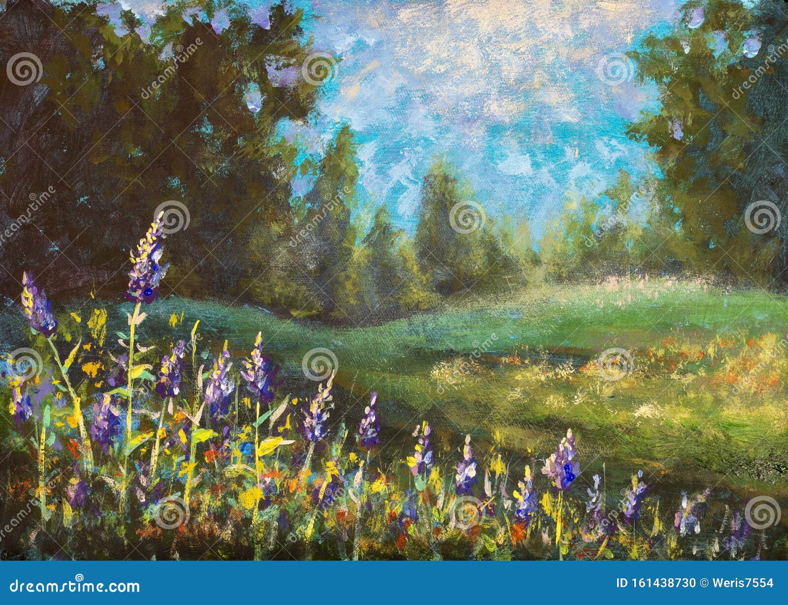 beautiful acrylic painting canvas beautiful nature flower landscape purple flowers green field against background 161438730