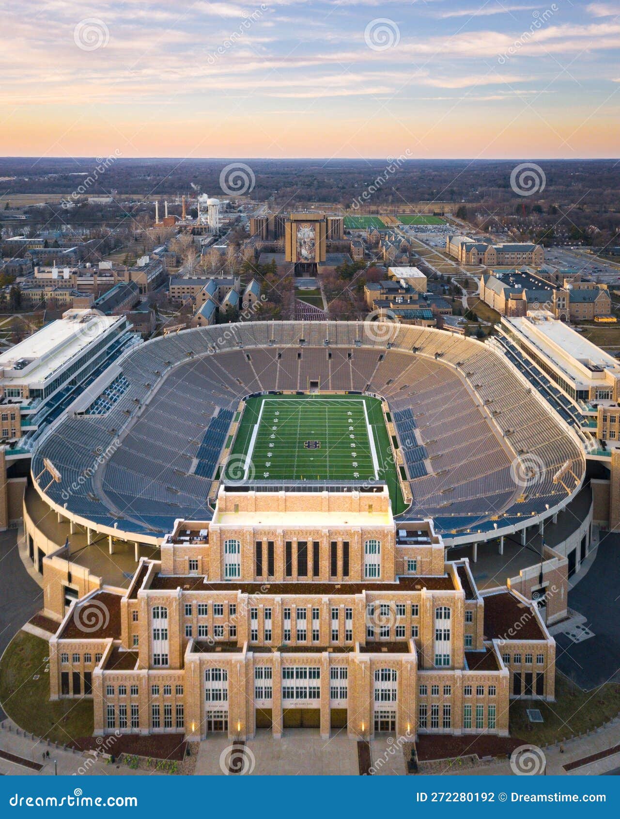 Beautiful Aerial View of Notre Dame Stadium at Sunset Editorial