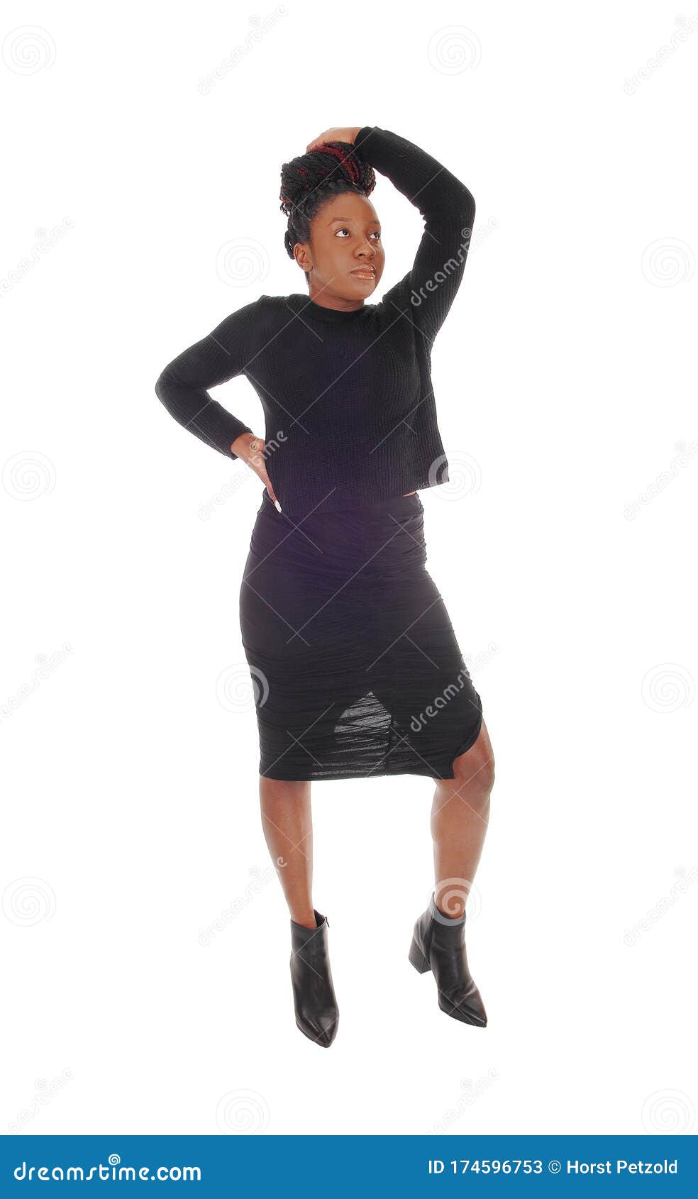 An African Woman Standing in a Black Dress Waist Up Stock Image - Image ...