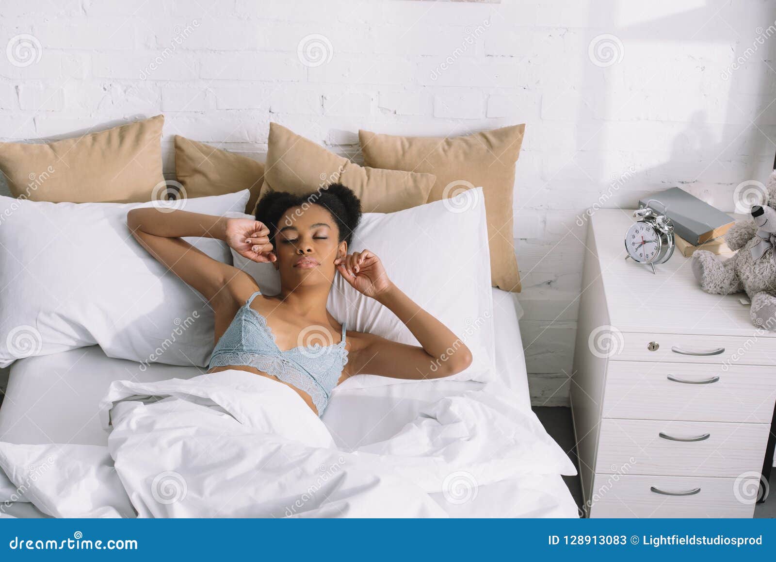 Beautiful African American Girl Waking Up In Bed Stock Image Image Of
