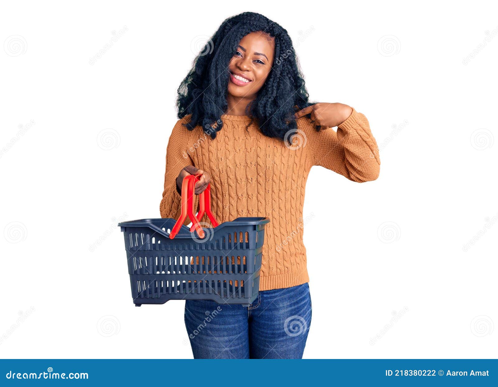 Beautiful African American Woman Holding Supermarket Shopping Basket ...