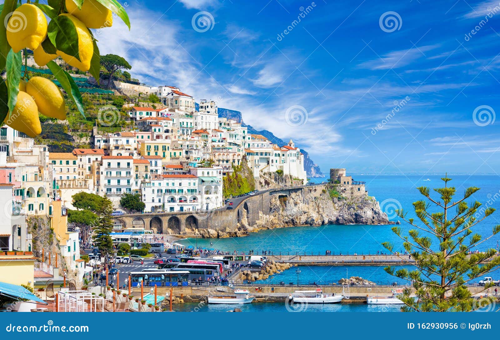 Beautiful Amalfi on Hills Down To Coast, Campania, Italy. Coast is Most Popular Travel Holiday Destination Stock Photo - Image of lemon, blue: 162930956