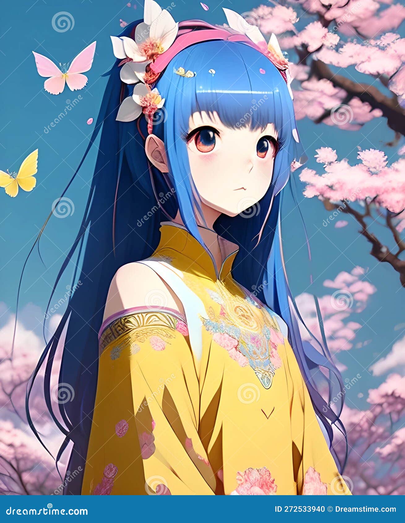 Anime girl portret with flower in long hair Vector Image