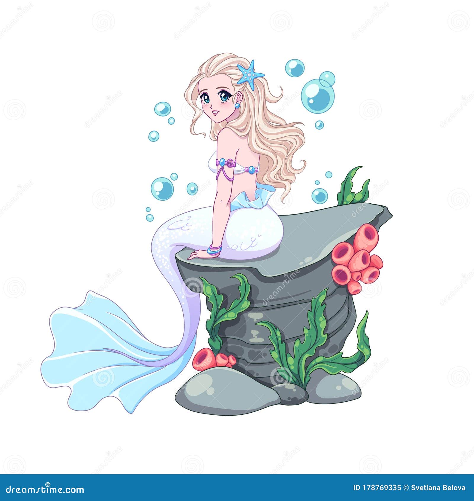 Beautiful Anime Mermaid with Curly Blonde Hair and Shiny White Fish Tail  Sitting on Sea Rock with Seaweed. Hand Drawn Vector Stock Vector -  Illustration of fairy, fish: 178769335