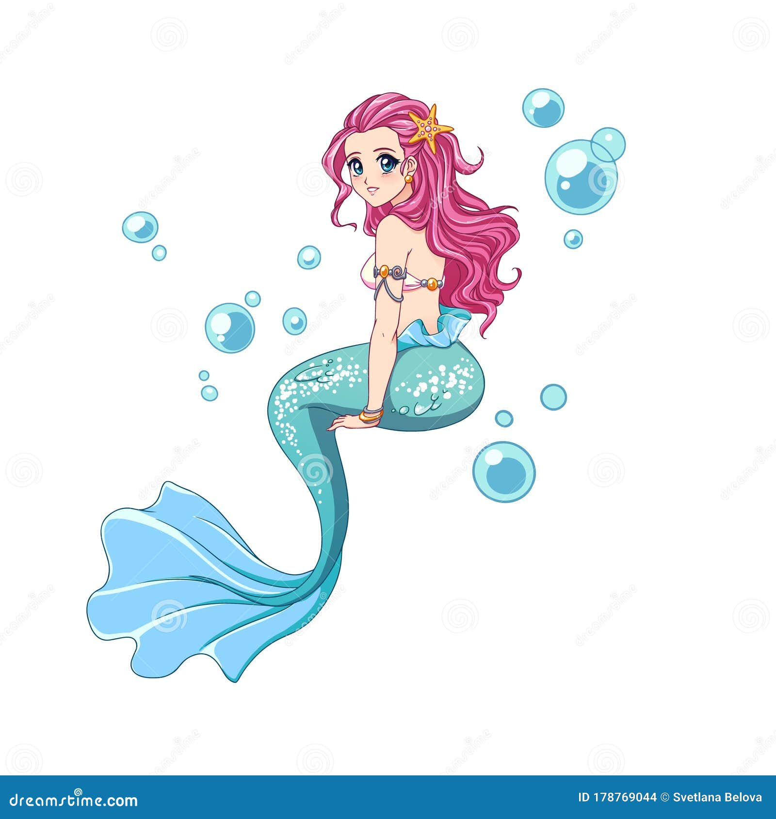 Beautiful Anime Mermaid With Curly Pink Hair And Shiny