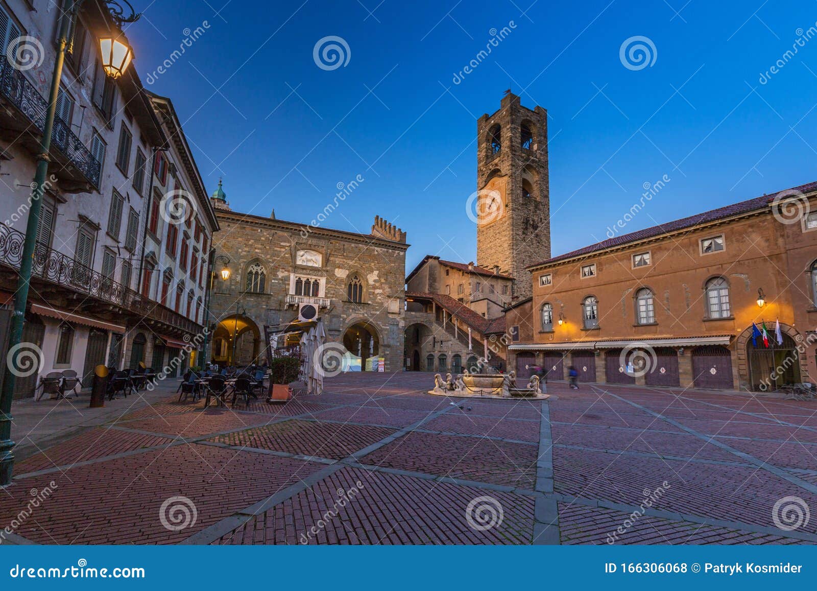 beautiful architecture of the piazza vecchia in bergamo at dawn, italy