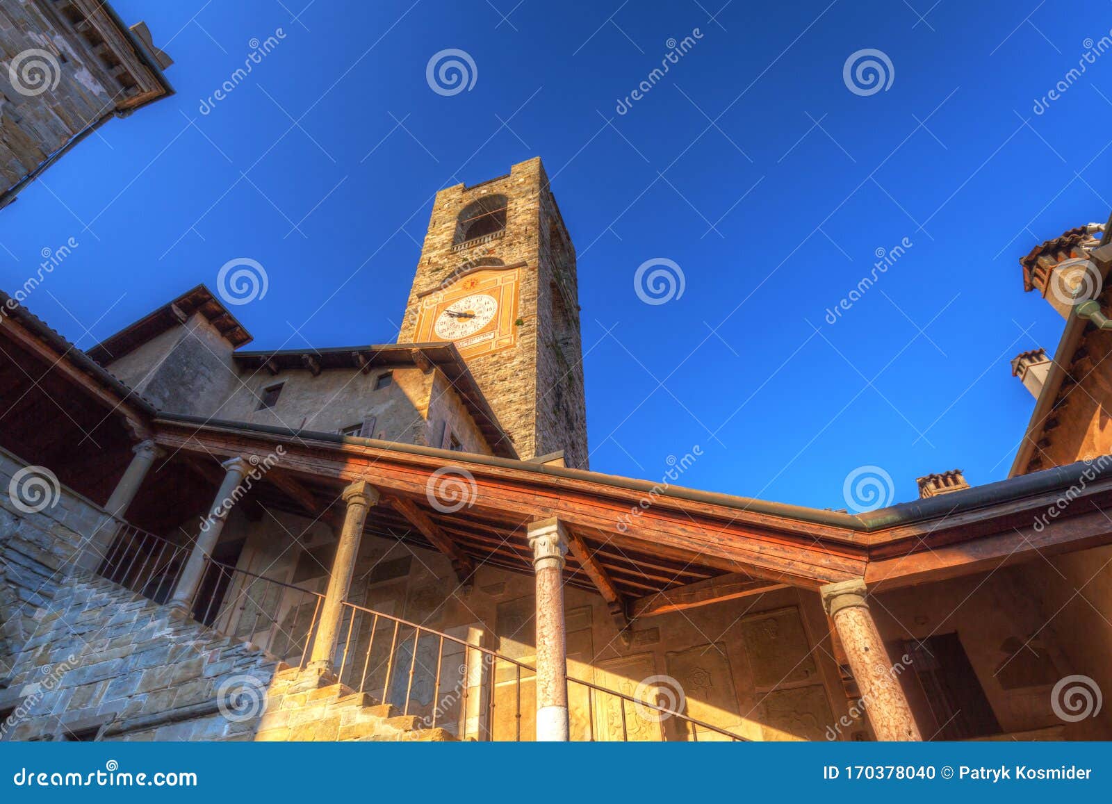 beautiful architecture of the piazza vecchia in bergamo at sunrise, italy