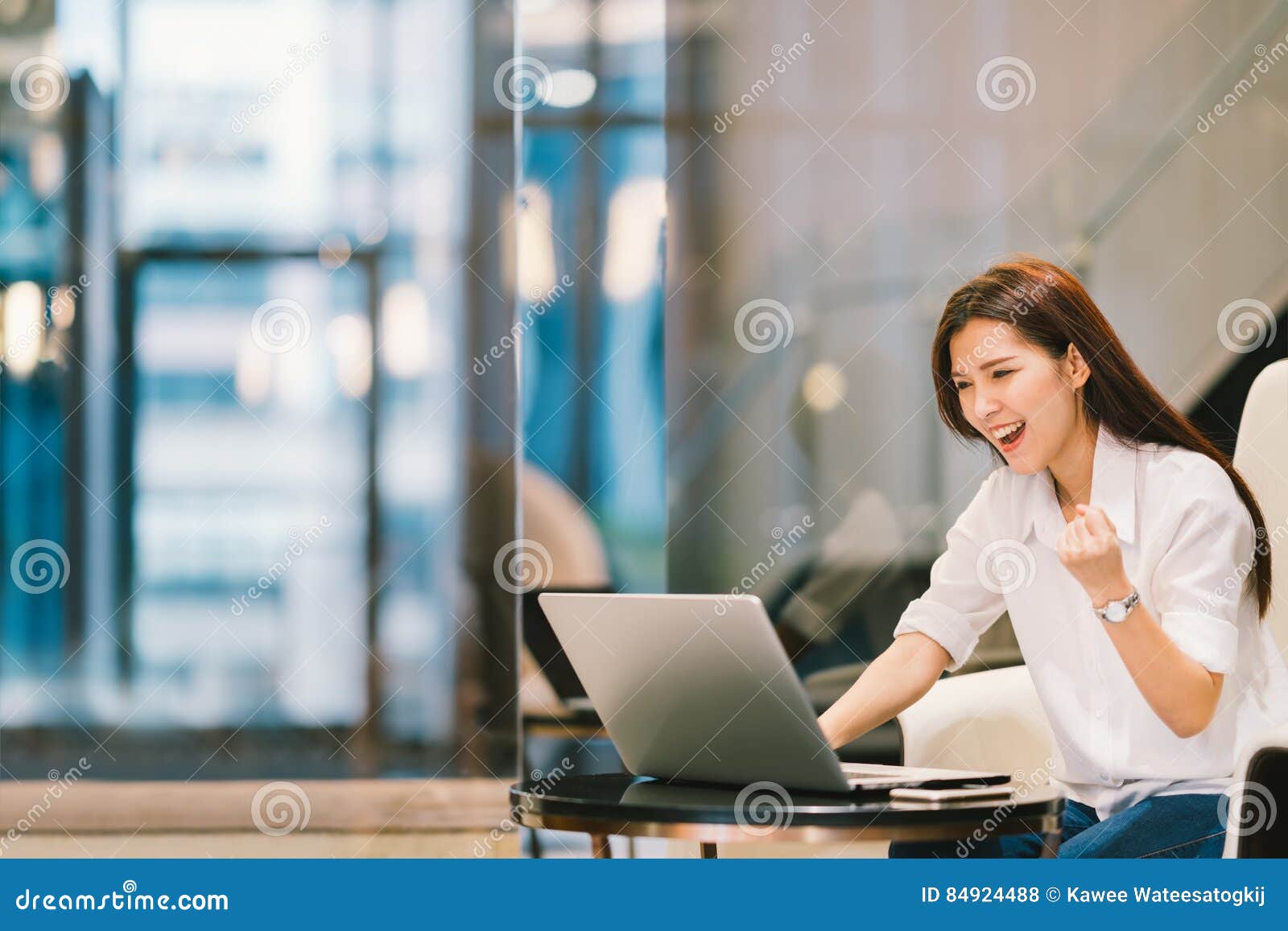 beautiful asian girl celebrate with laptop, success happy pose. e-commerce, startup small business, internet technology concept