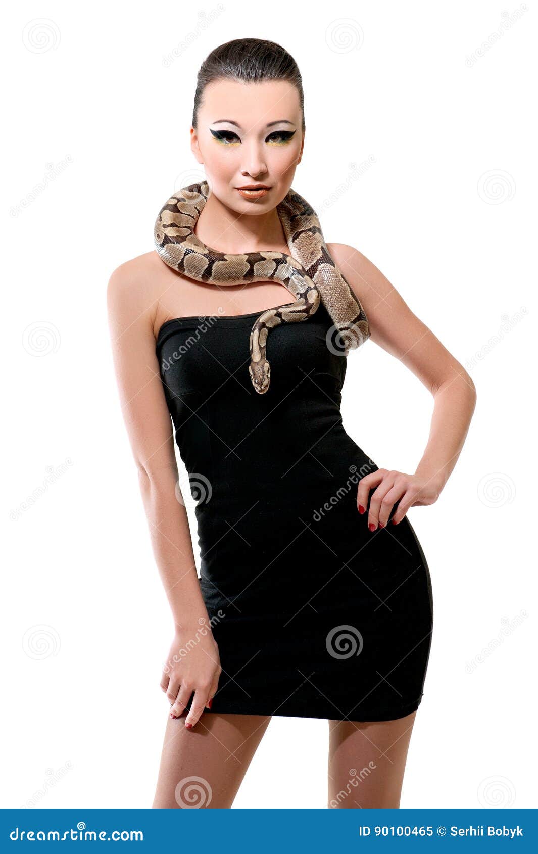 Beautiful Asian Girl in a Little Black Dress Holding a Snake Stock ...