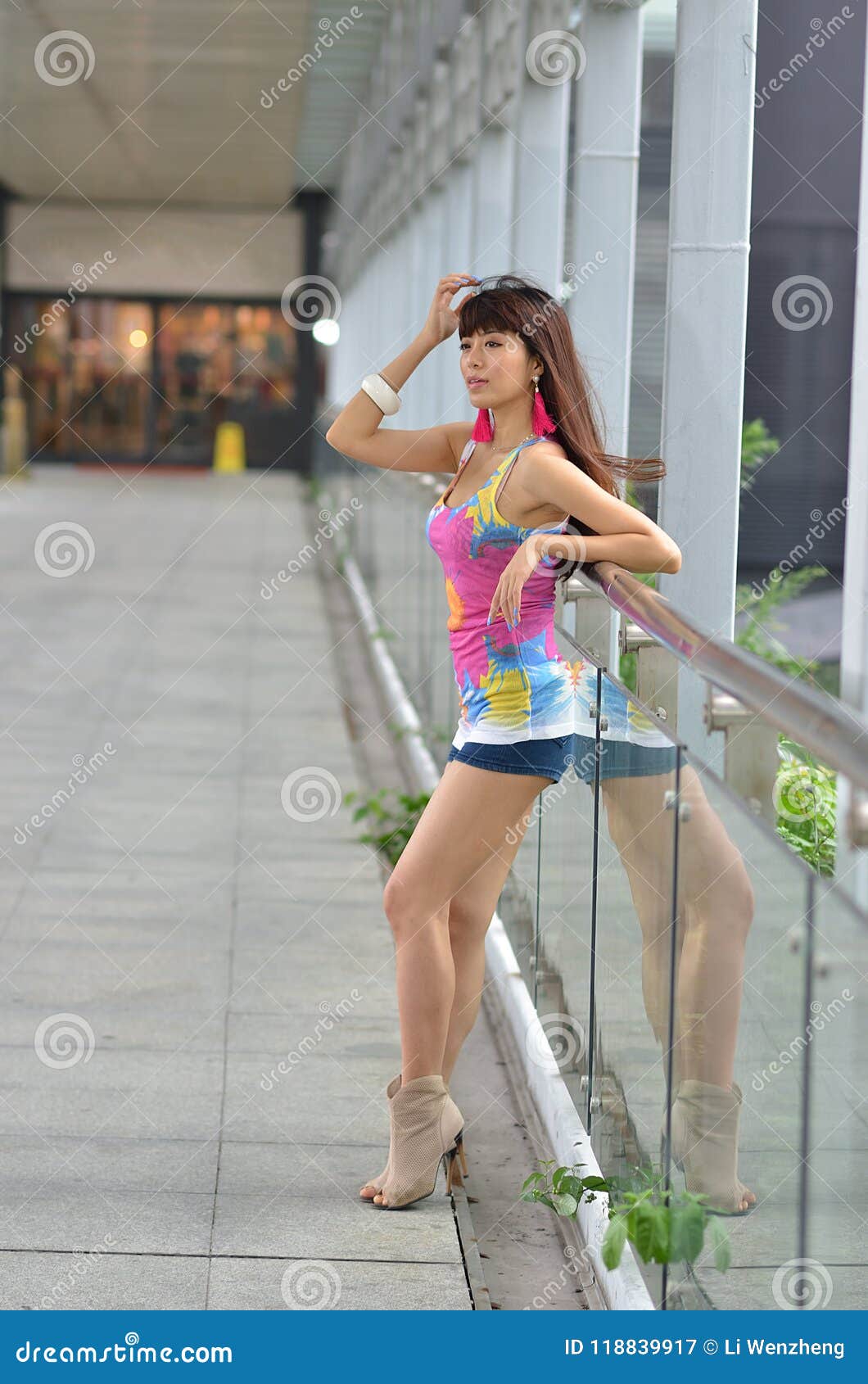 Beautiful Asian Girl Showing Youthful Vigor On The Pedestrian Bridge Stock Image Image Of