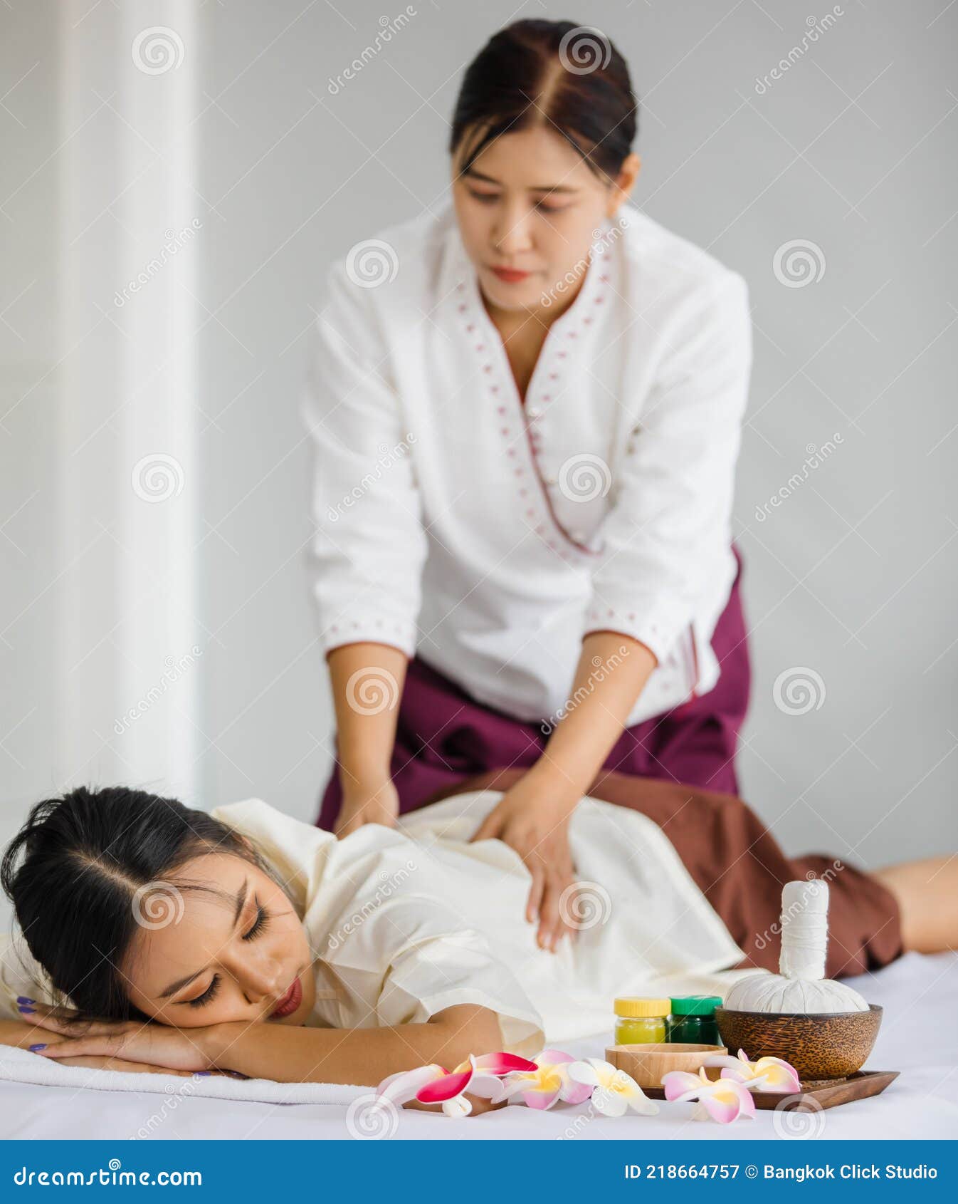 Beautiful Asian Lady Lying Relaxedly And Enjoy Thai Massage Thai Massage Is For Healing And