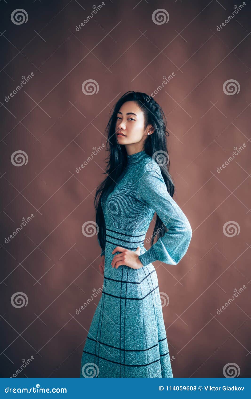 Beautiful Asian Woman in Blue Dress Posing in Studio Stock Photo ...